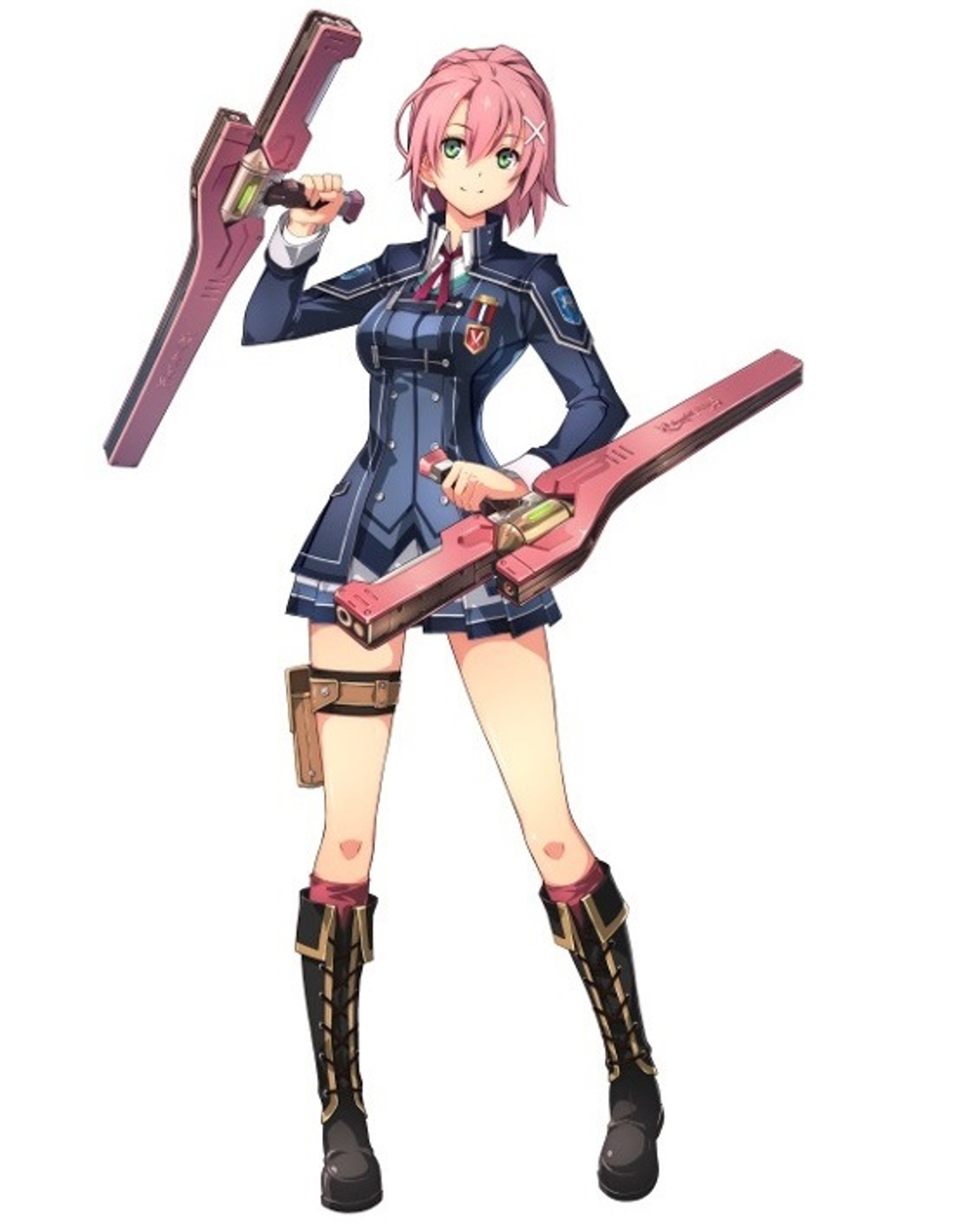 A young woman in a military uniform holding a large red weapon