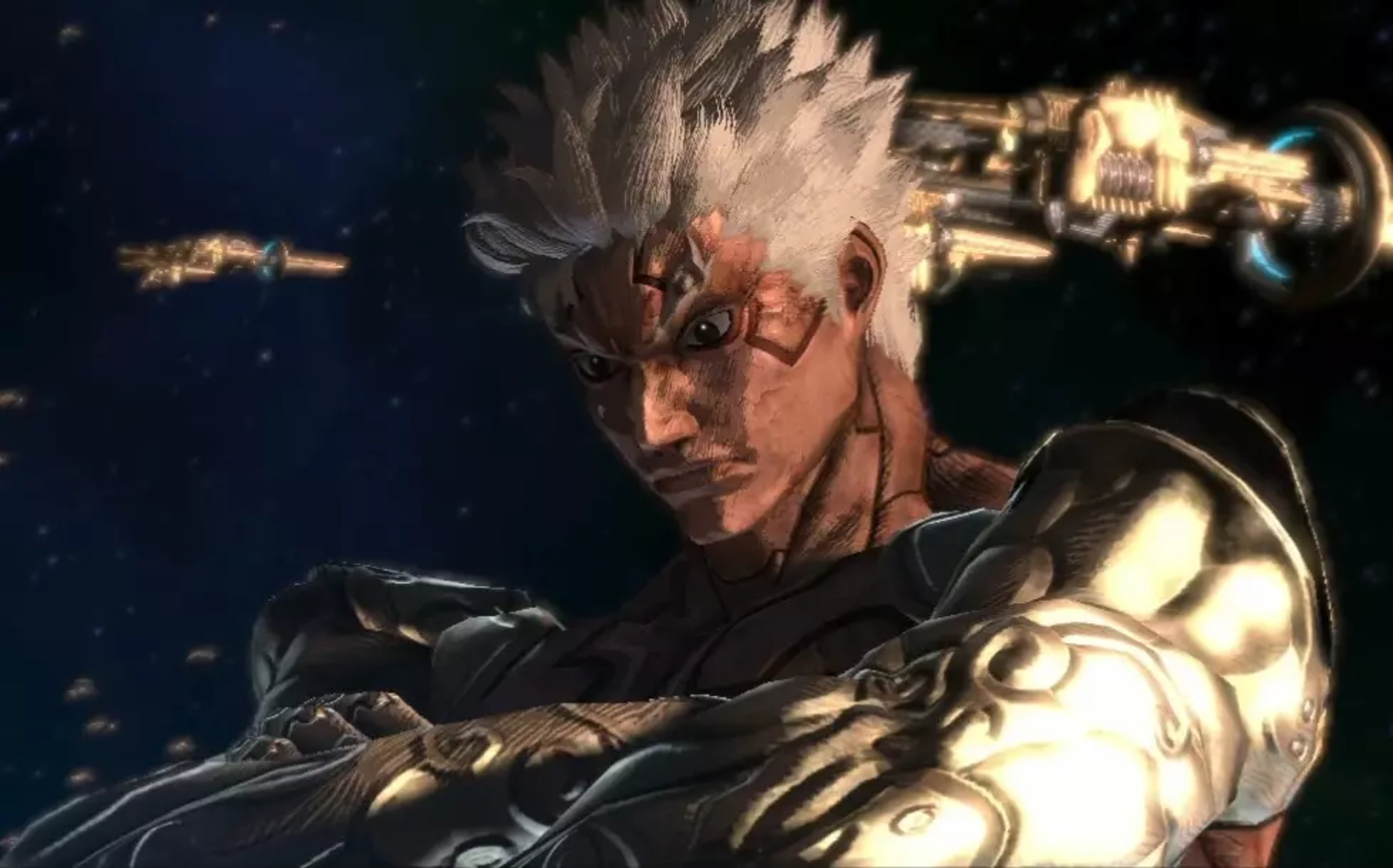 A muscular, demigod-like warrior with white spiky hair and glowing eyes, wearing traditional Japanese-inspired clothing.