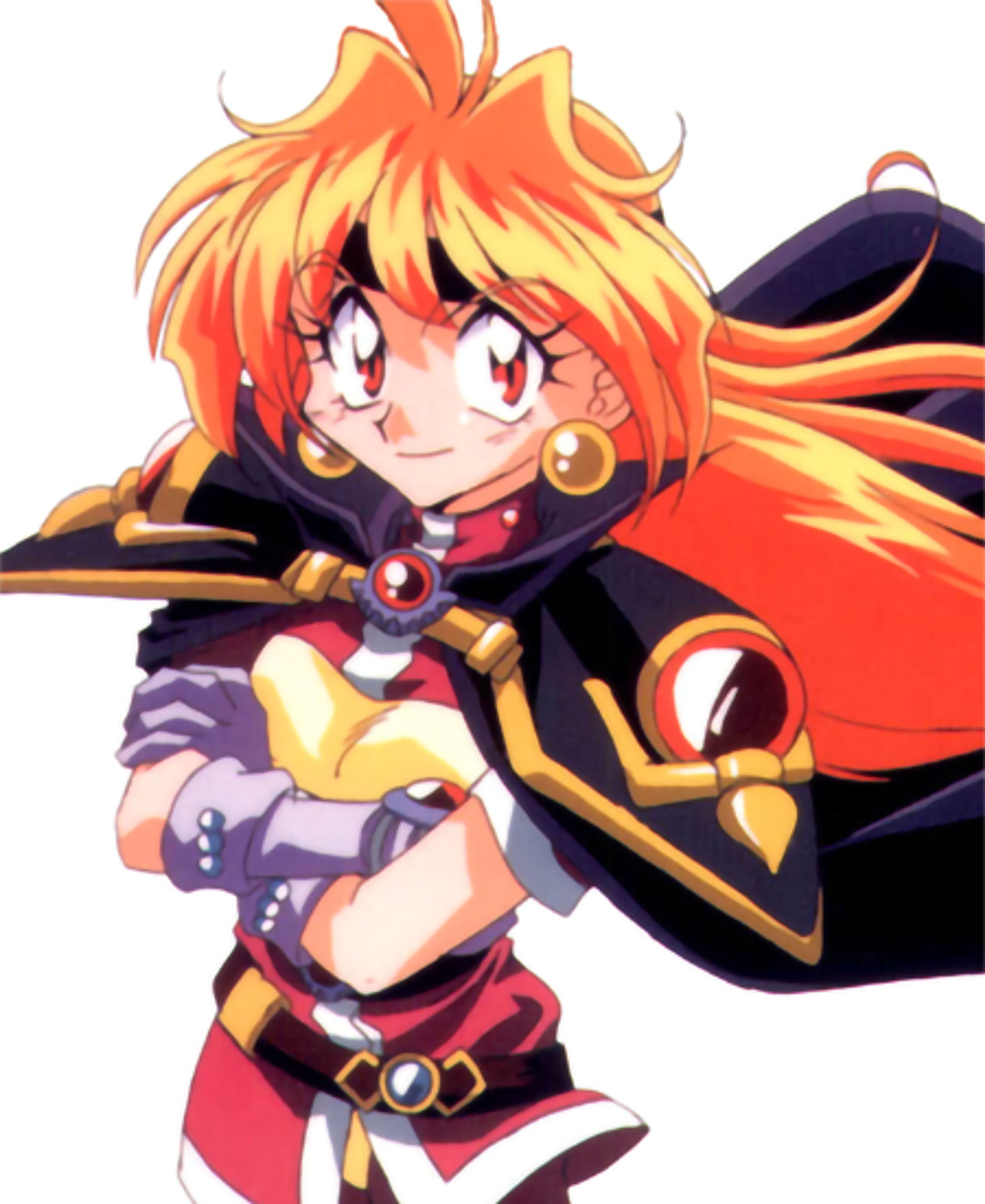 An anime-style character with orange hair in a red and black outfit in an action pose.