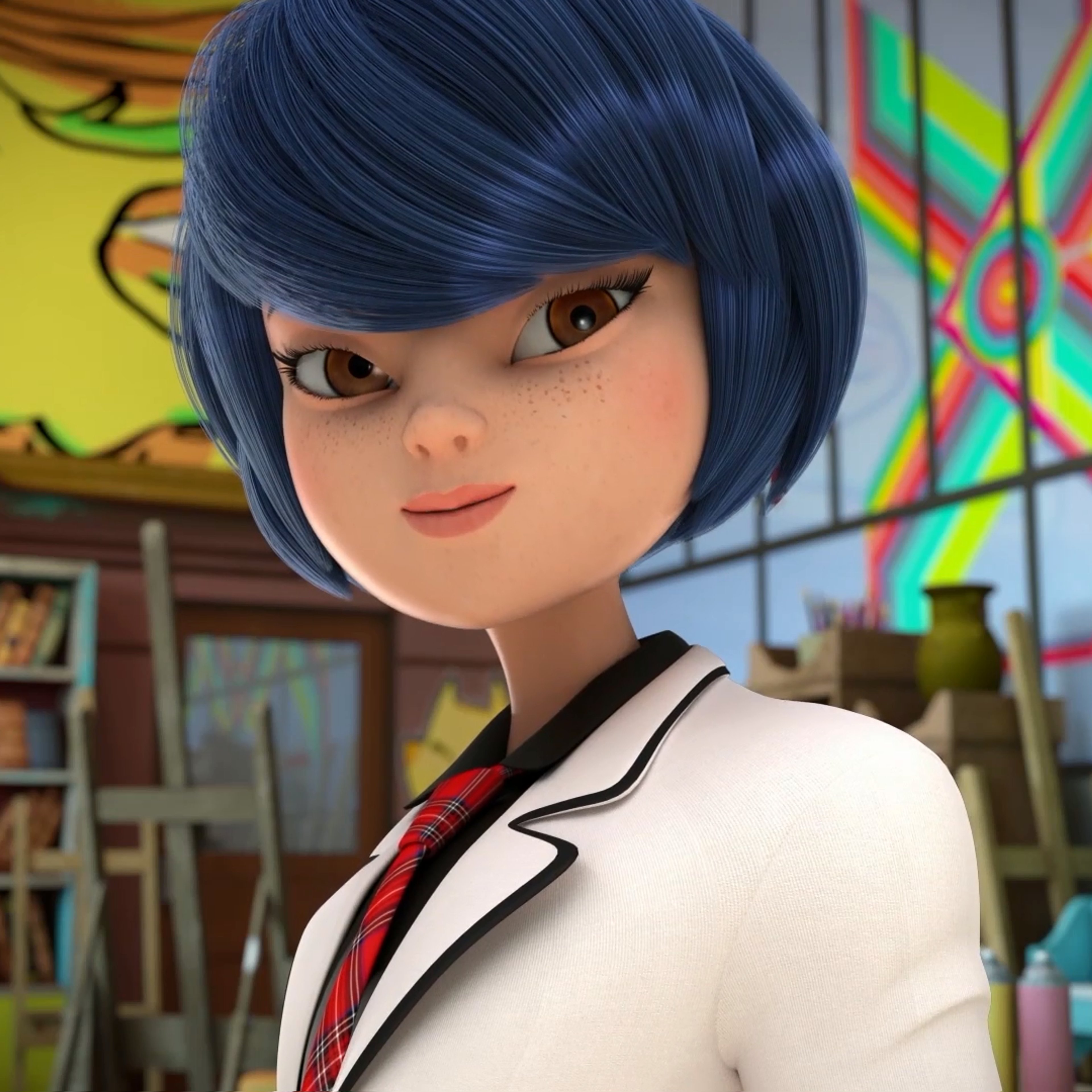 A young woman with blue hair wearing a school uniform