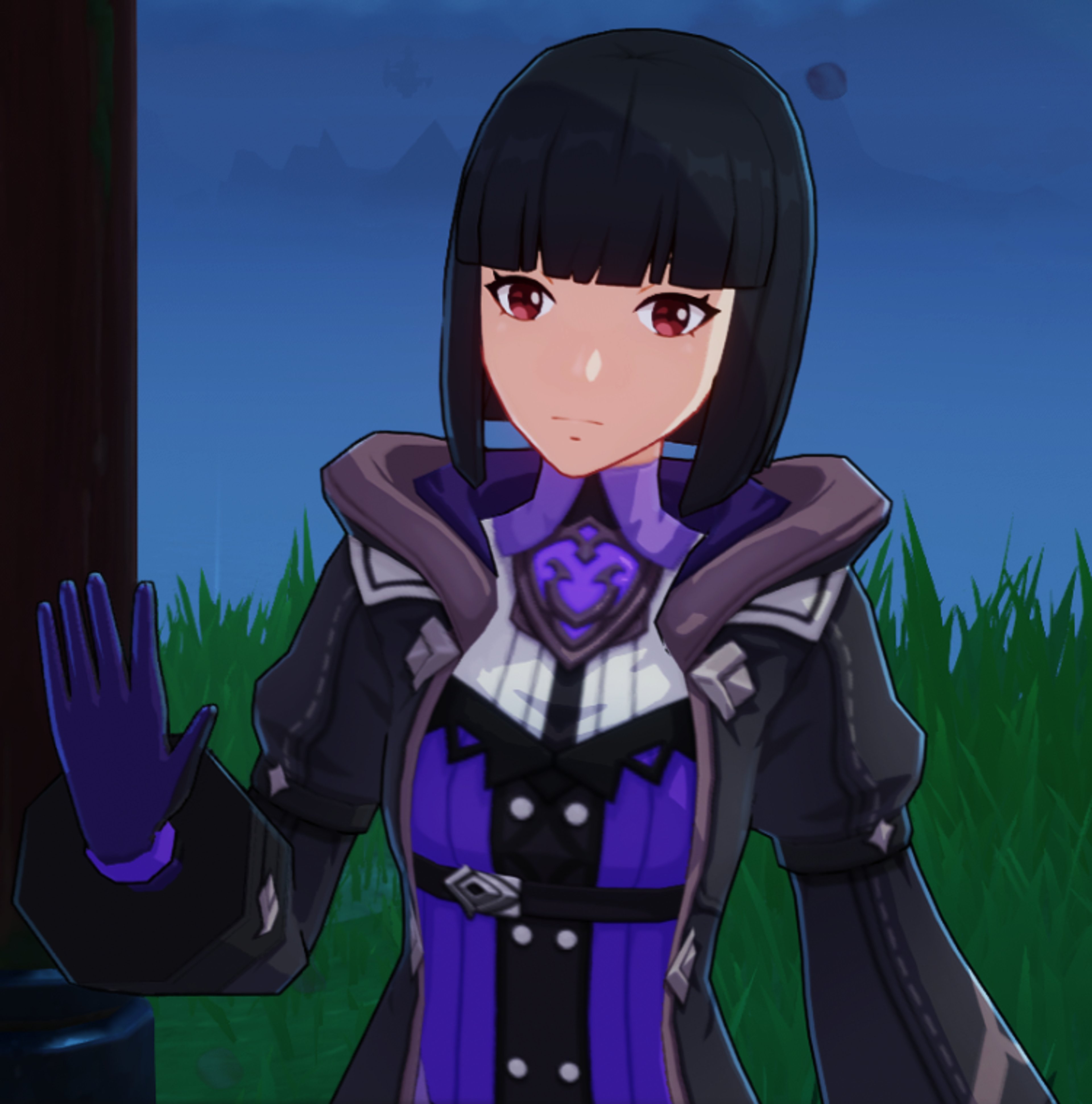 An anime-style character with black hair and red eyes wearing a purple and black shrine maiden outfit