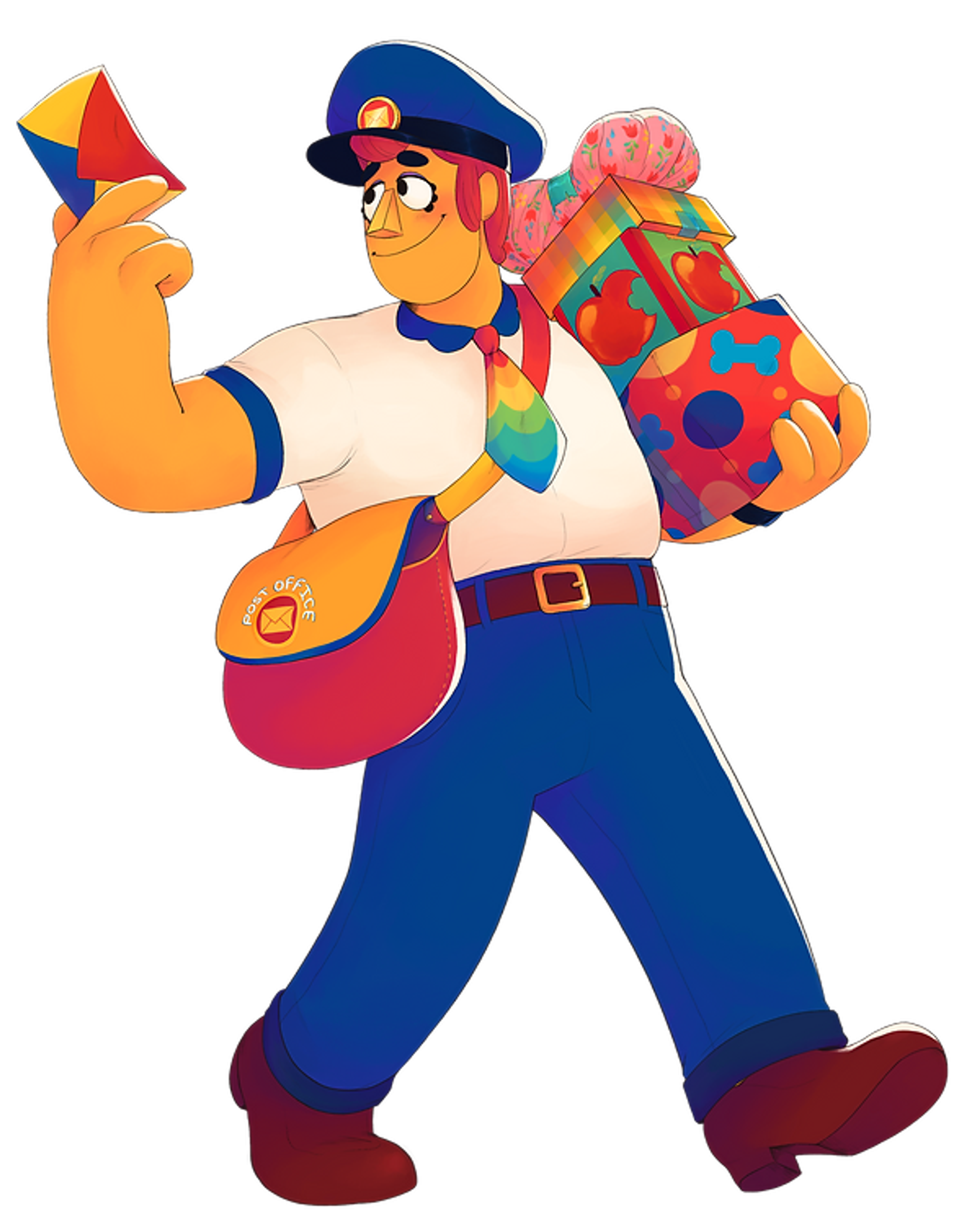 A cheerful, yellow-skinned mailman character in a postal uniform