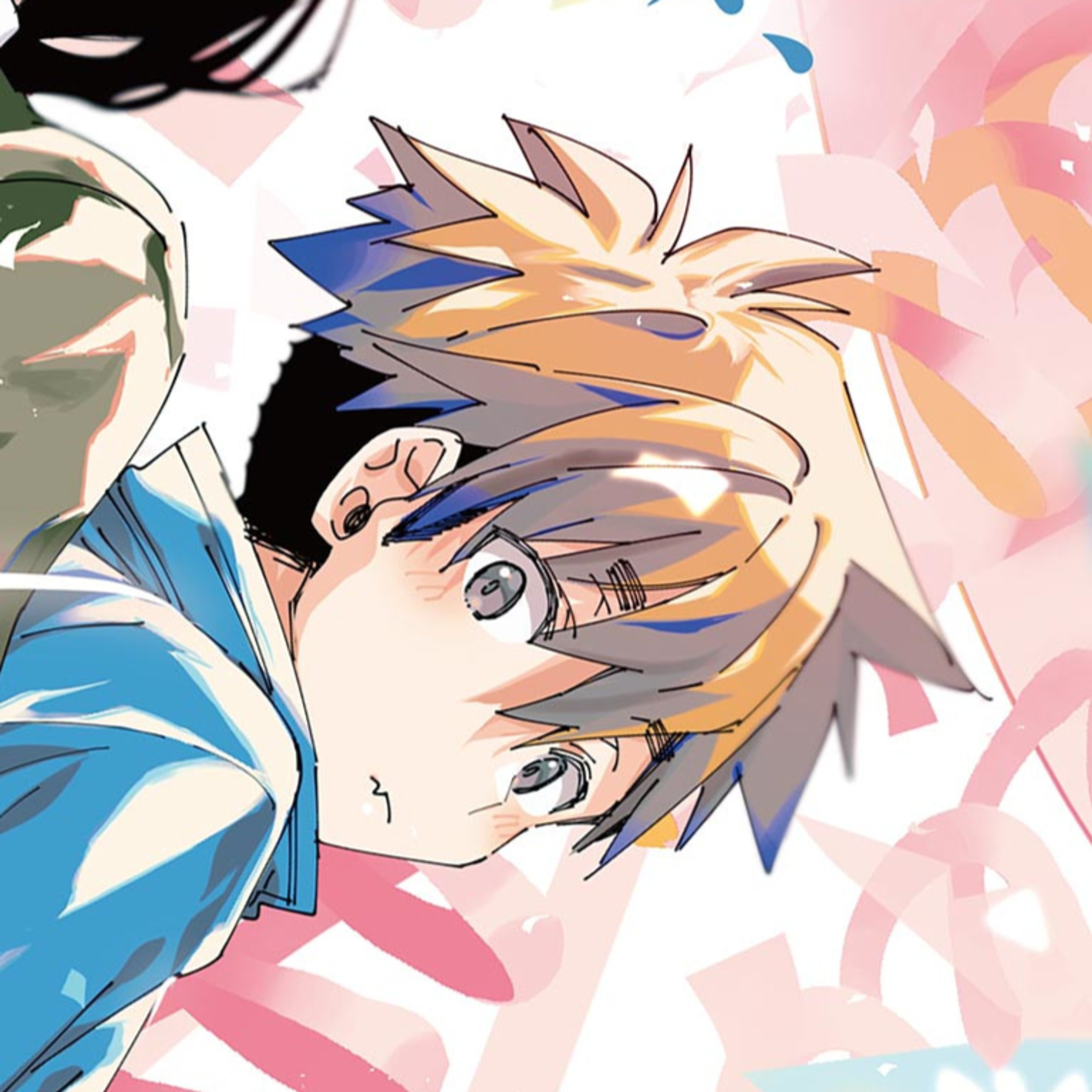 An anime-style character with golden-yellow hair, gray eyes, and a slender build wearing a blue and white button-up shirt.