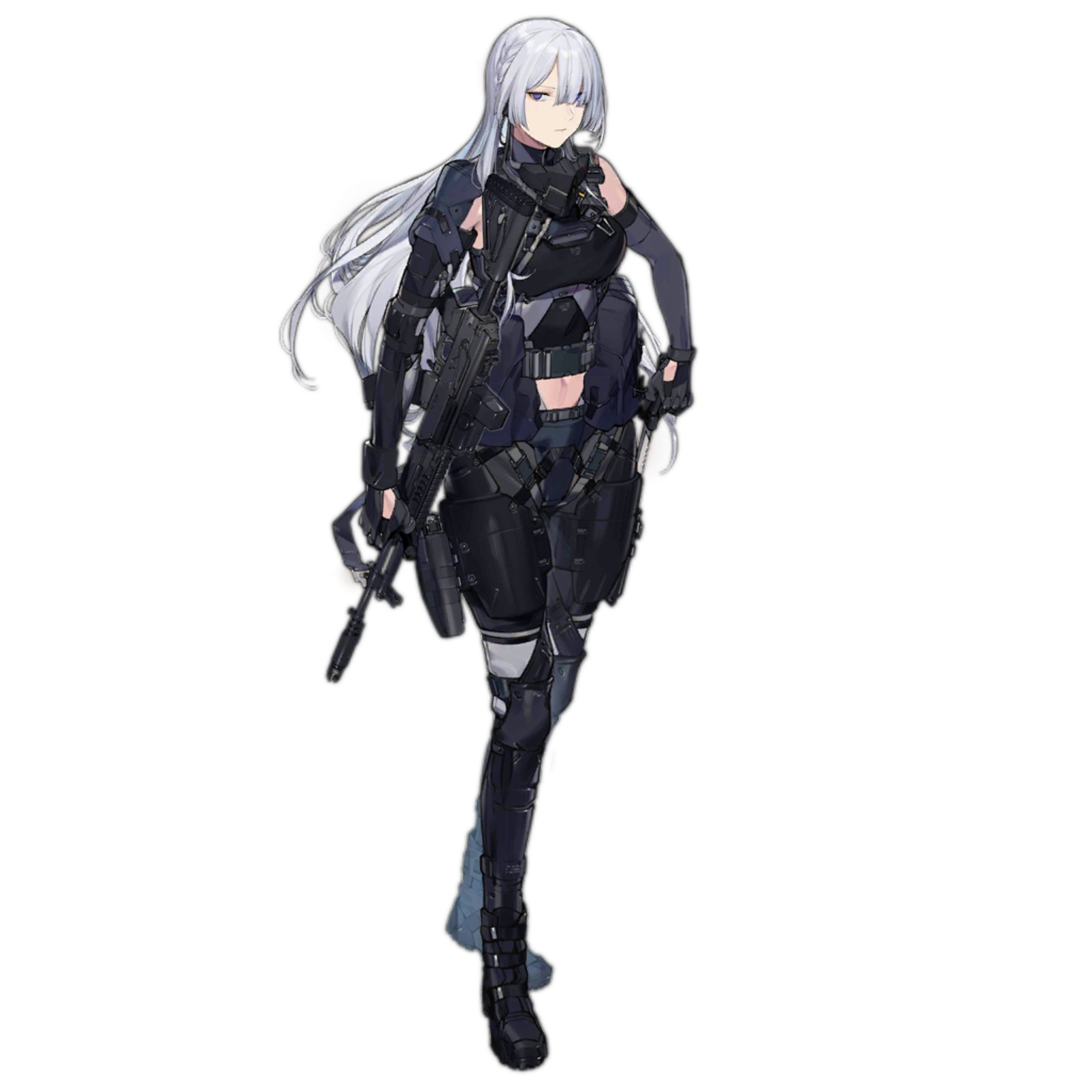 A fierce-looking female android warrior character with white hair and a black military outfit, holding a large firearm.