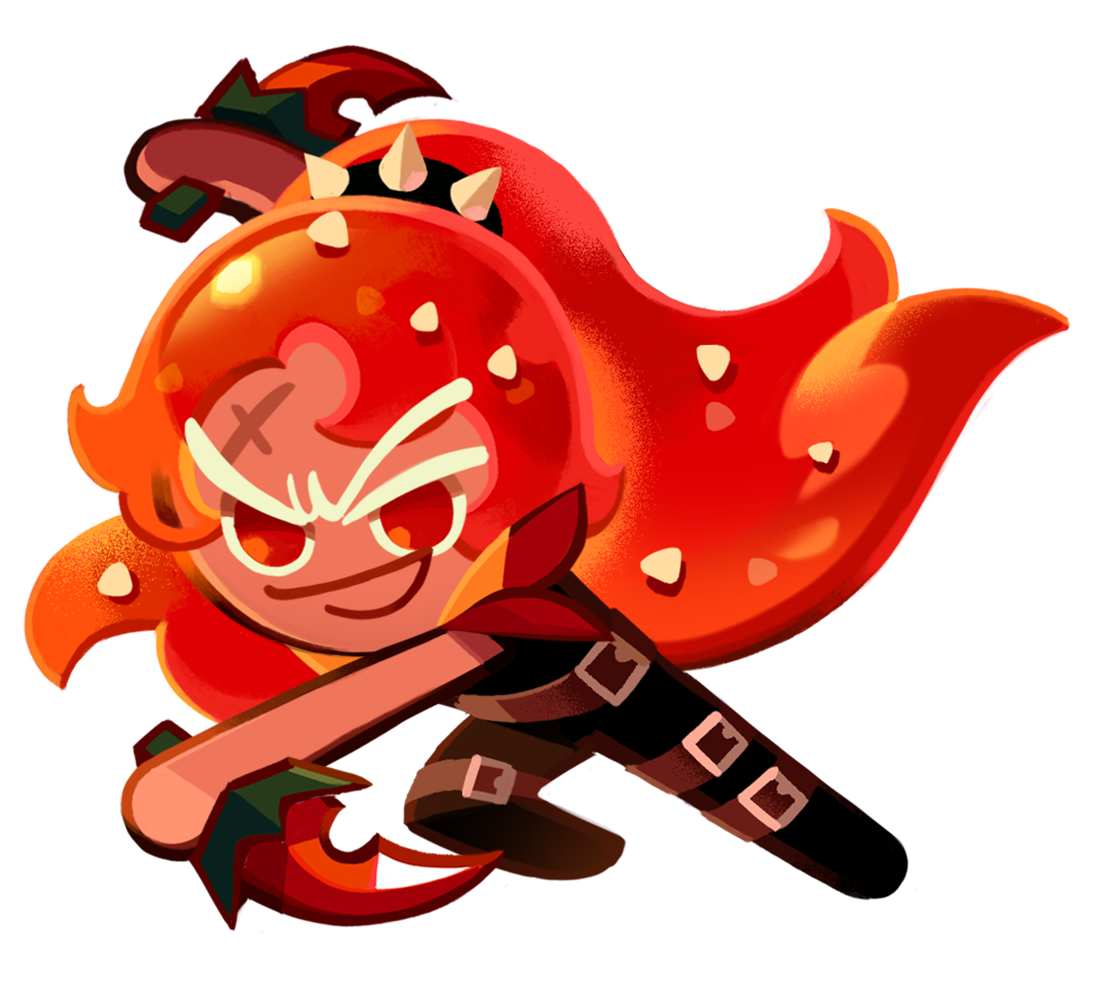 A detailed illustration of Chili Pepper Cookie, a fiery red-haired treasure hunter character from the Cookie Run universe.