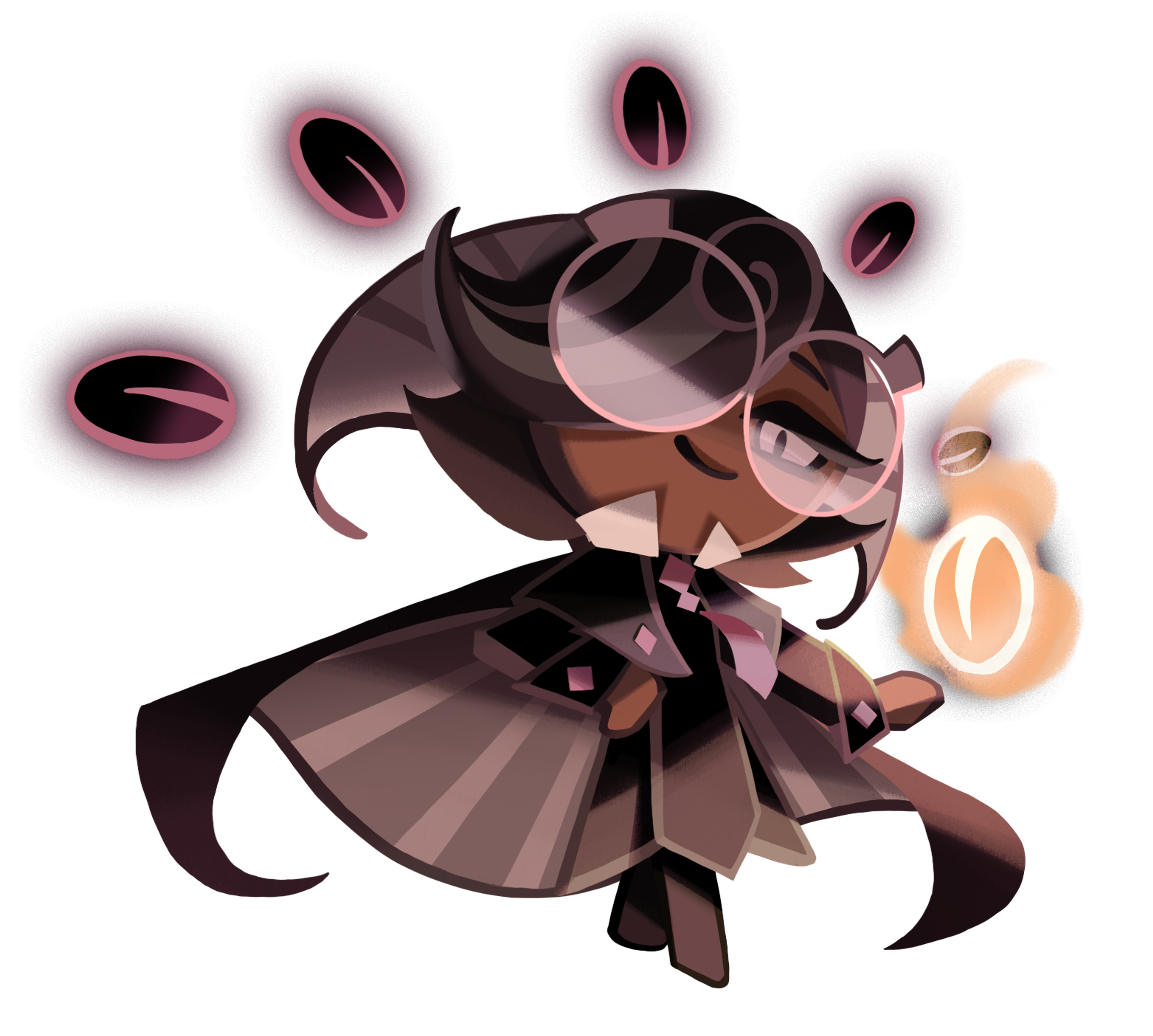 An anthropomorphic character with a dark, moody appearance and intense expression, focused on coffee-based magic.