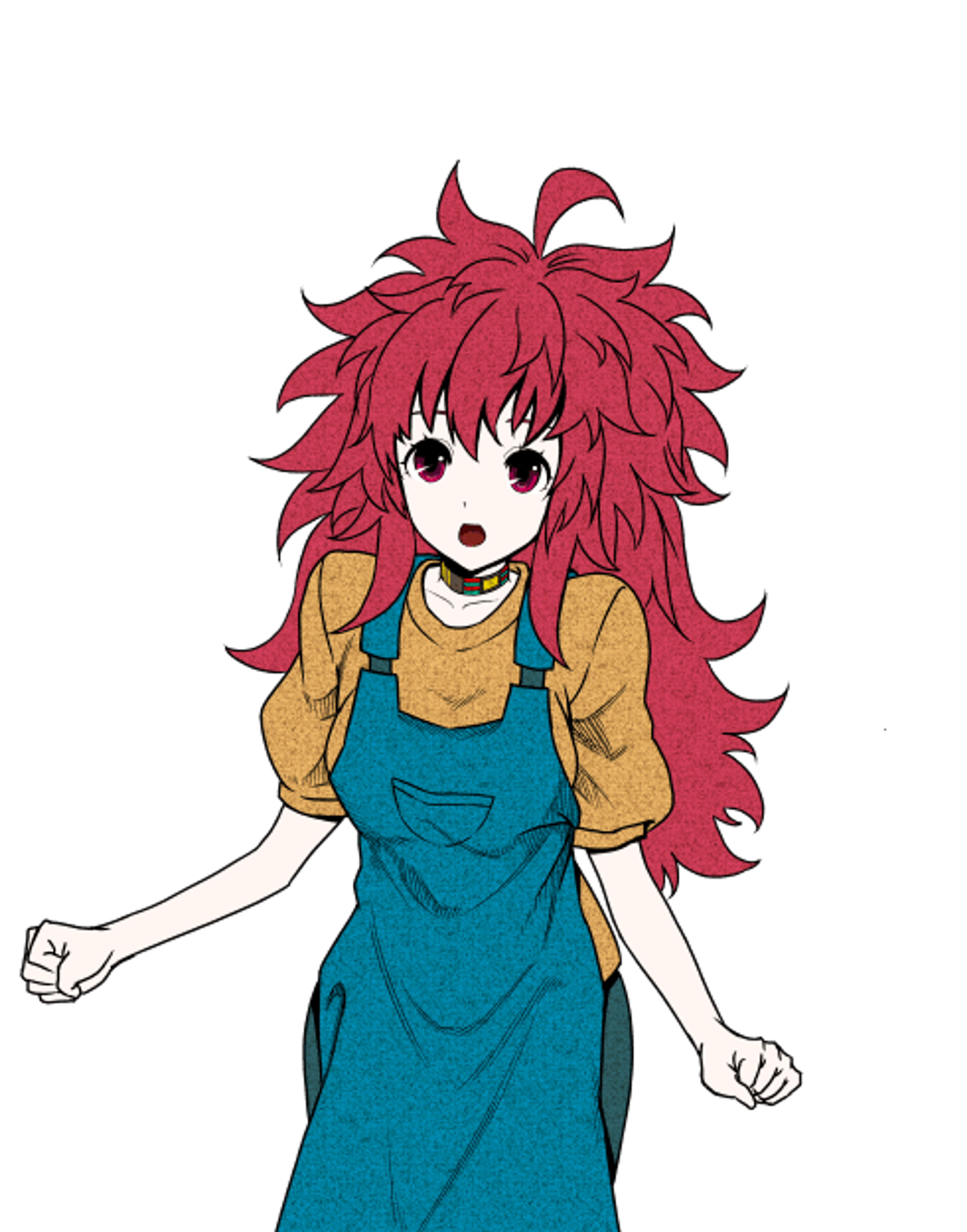 A young woman with long, pinkish-red hair and magenta eyes wearing a yellow shirt, blue apron, and dark pants