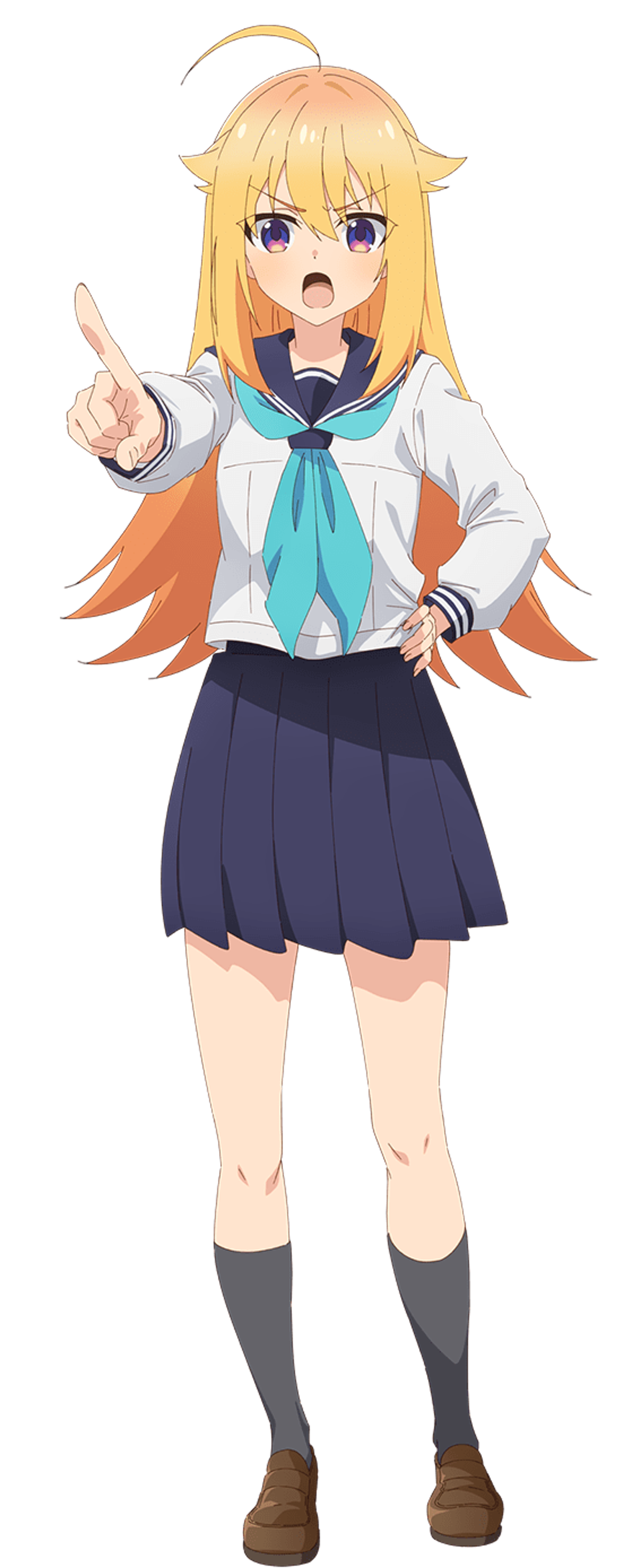 An anime-style character with blonde hair and a school uniform making a surprised expression.