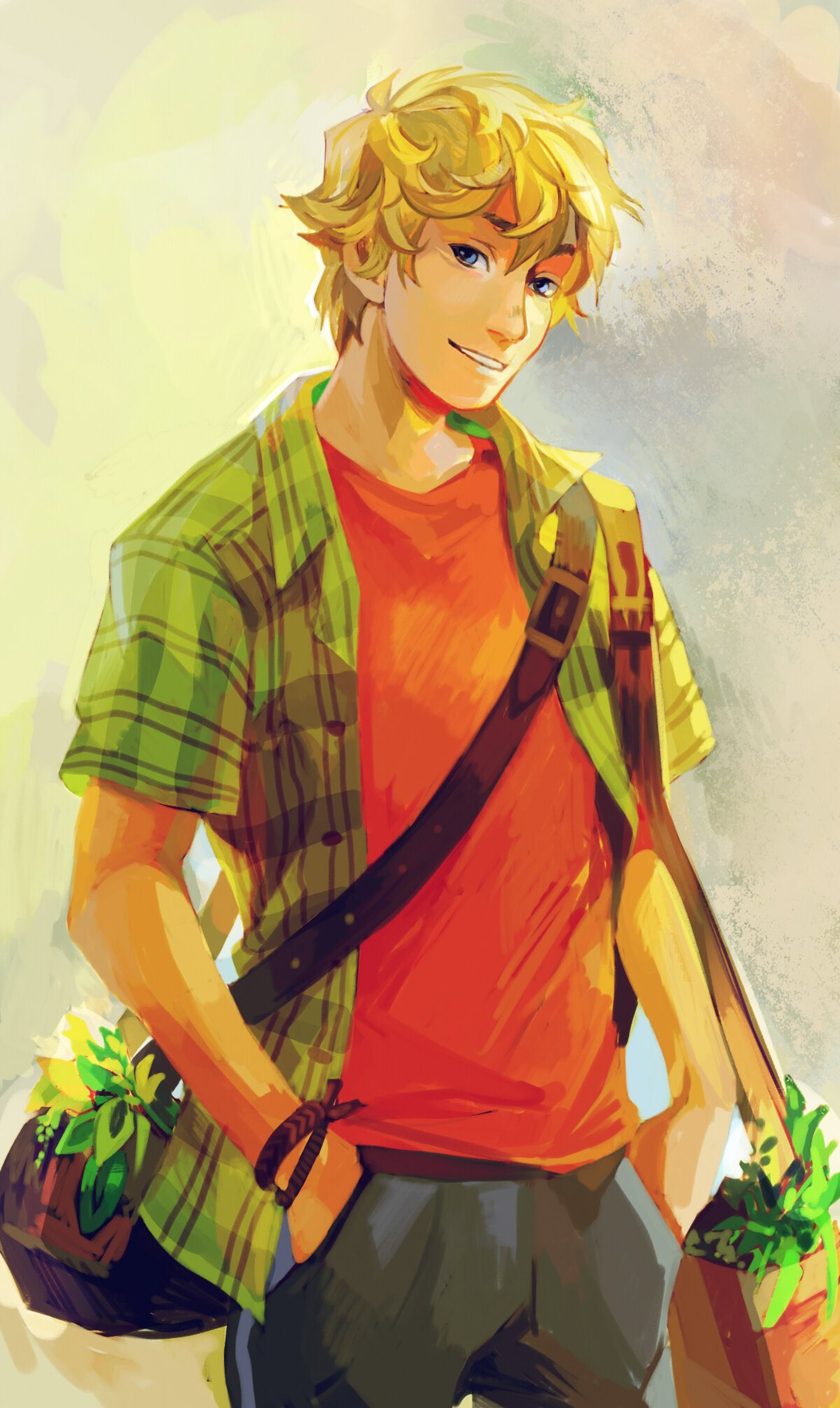 A young male character with blond hair and blue eyes wearing a red t-shirt and plaid shirt