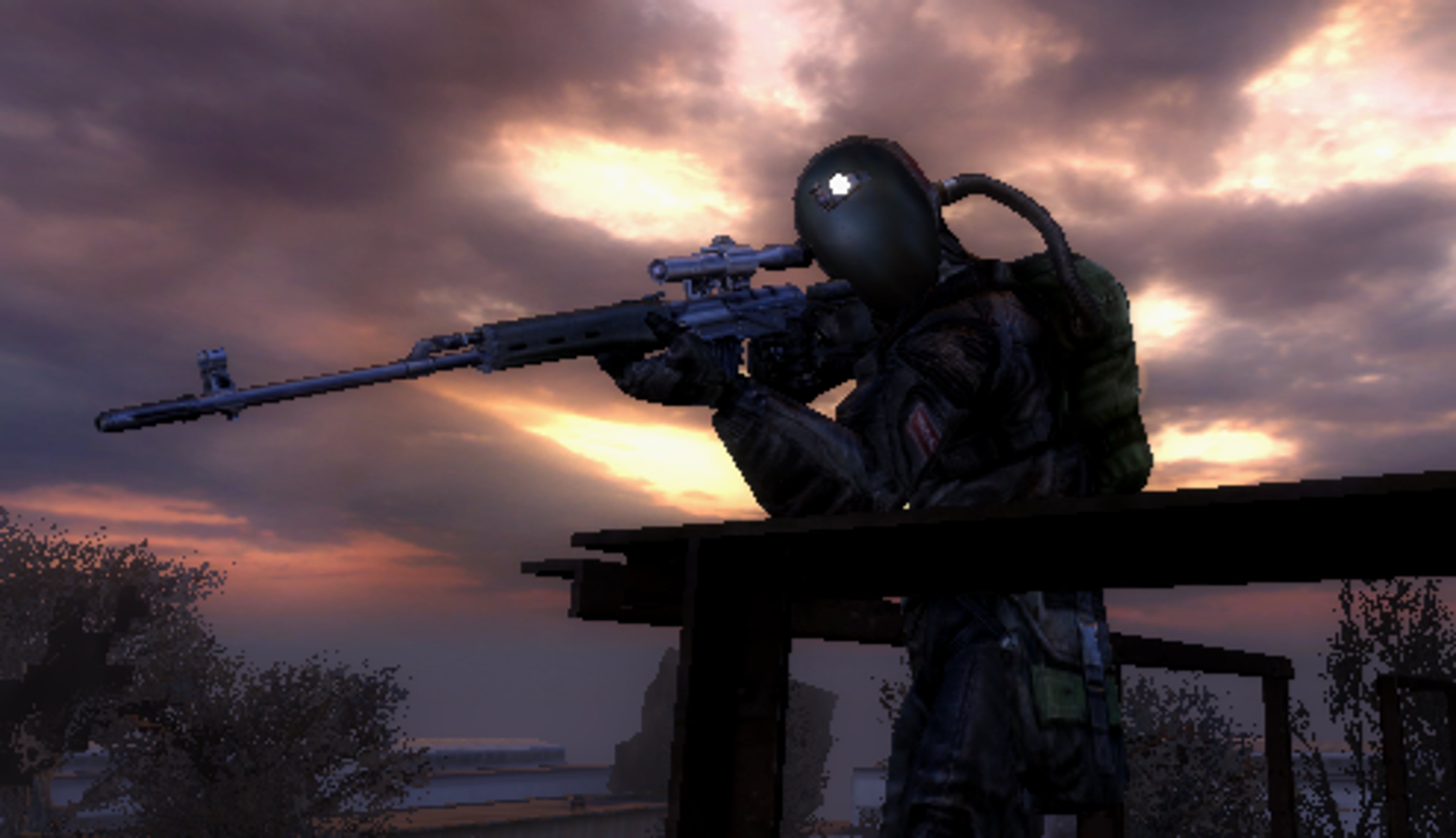 A heavily armed and armored stalker character from the S.T.A.L.K.E.R. video game universe, named Volkov.