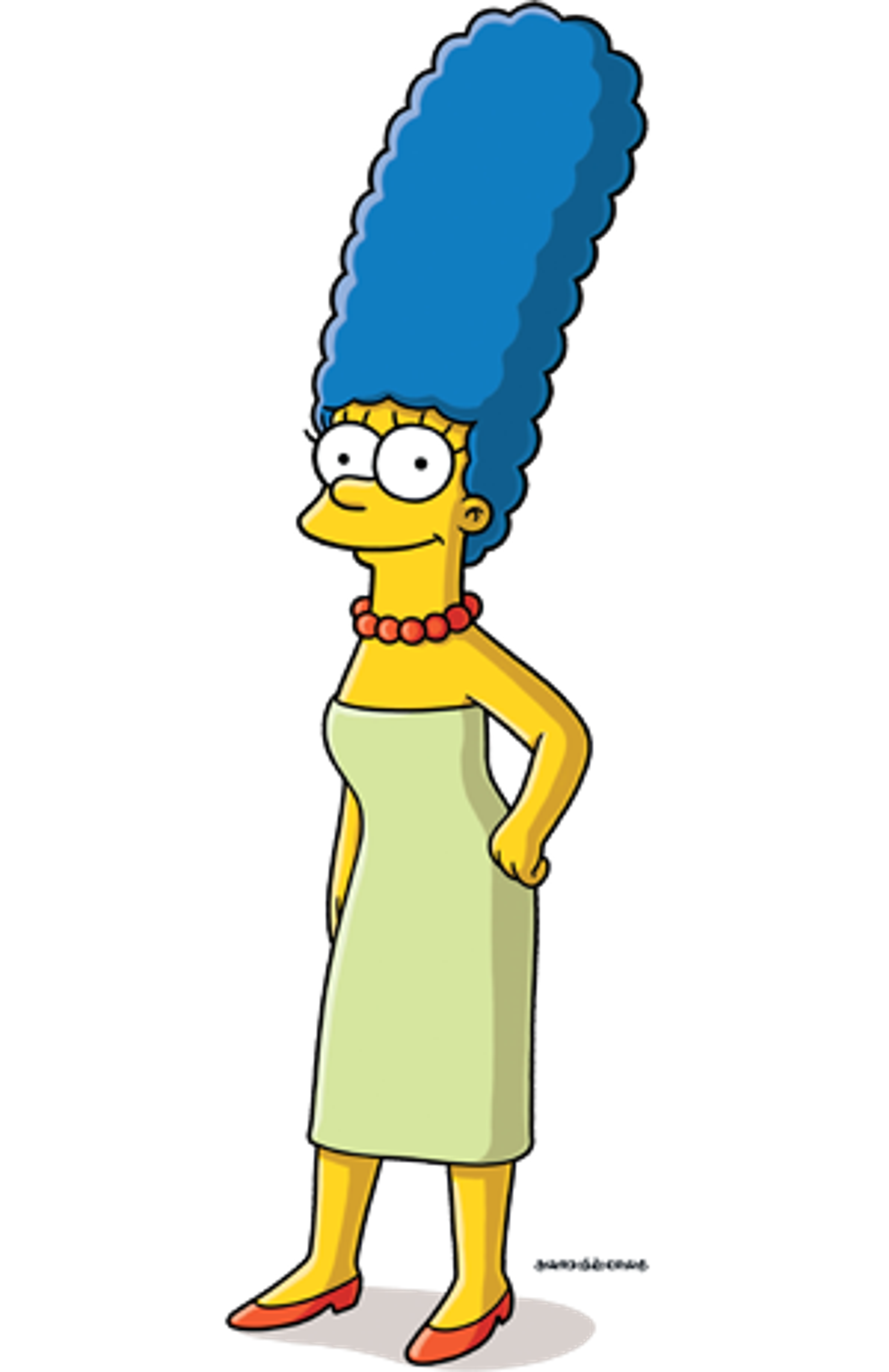 A cartoon character with yellow skin, large blue hair, and a red pearl necklace wearing a green dress.