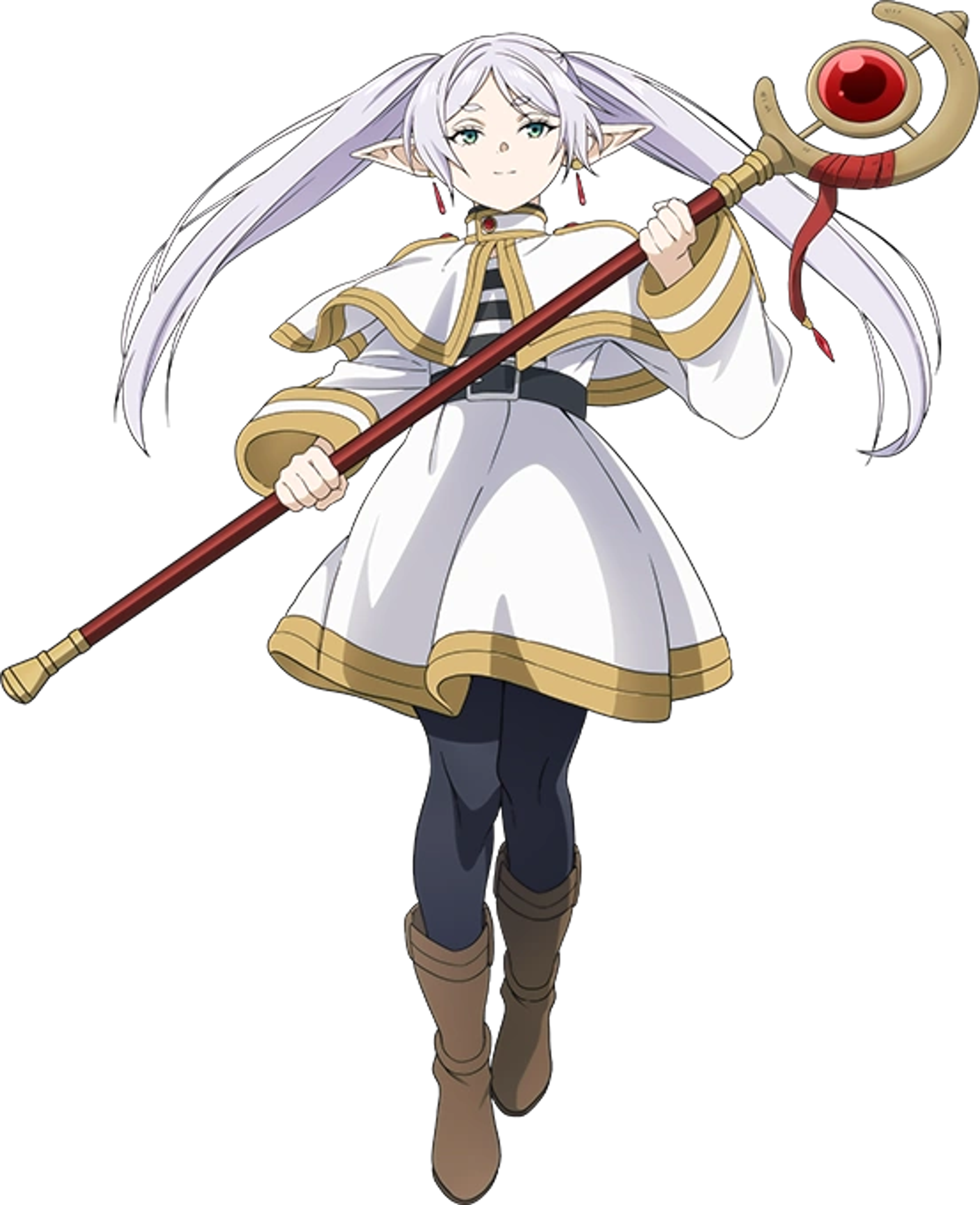 An anime-style elf character with long silver hair, wearing a white and gold outfit and holding a red staff.