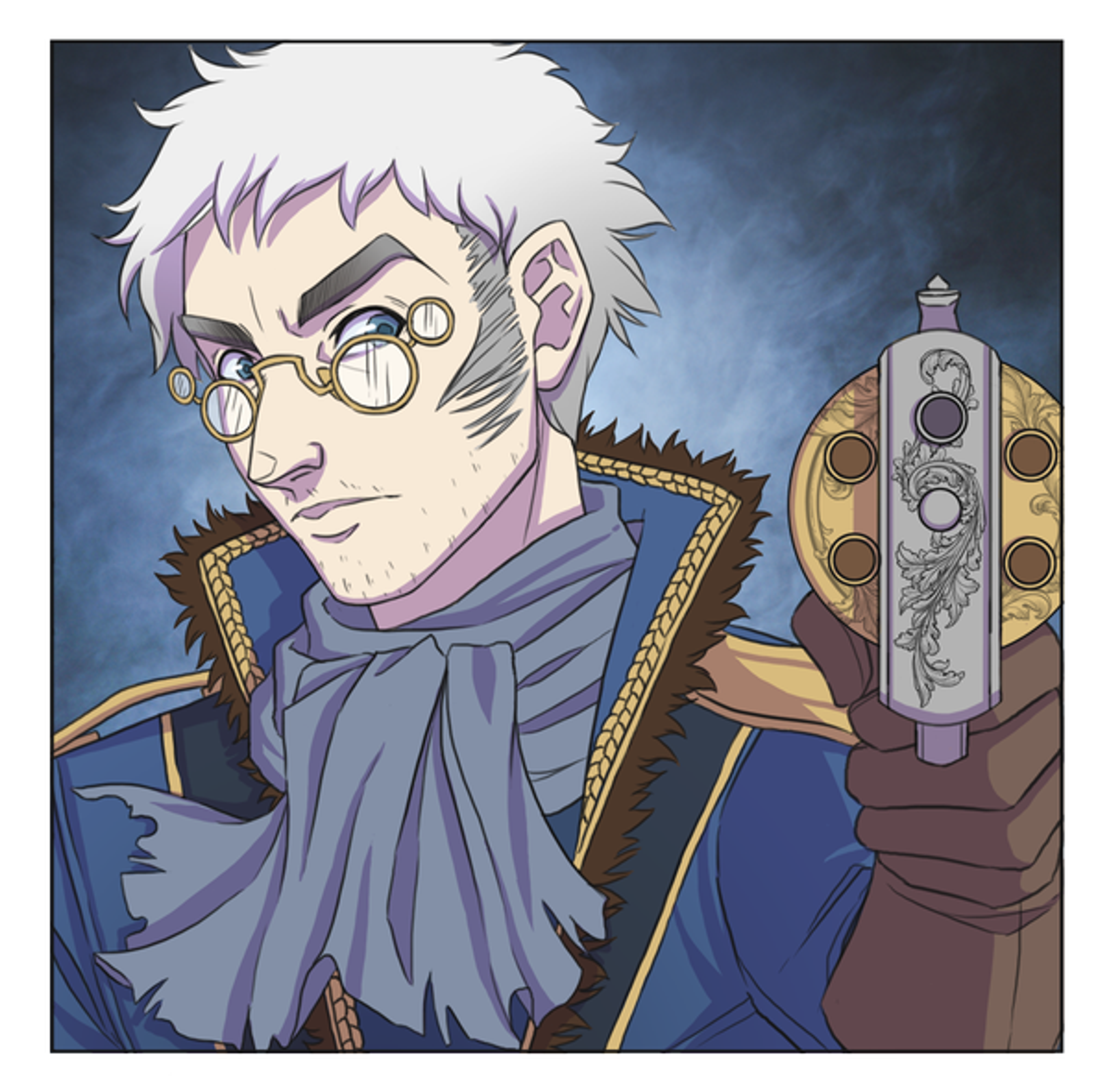 A young man with white hair and glasses holding a strange firearm