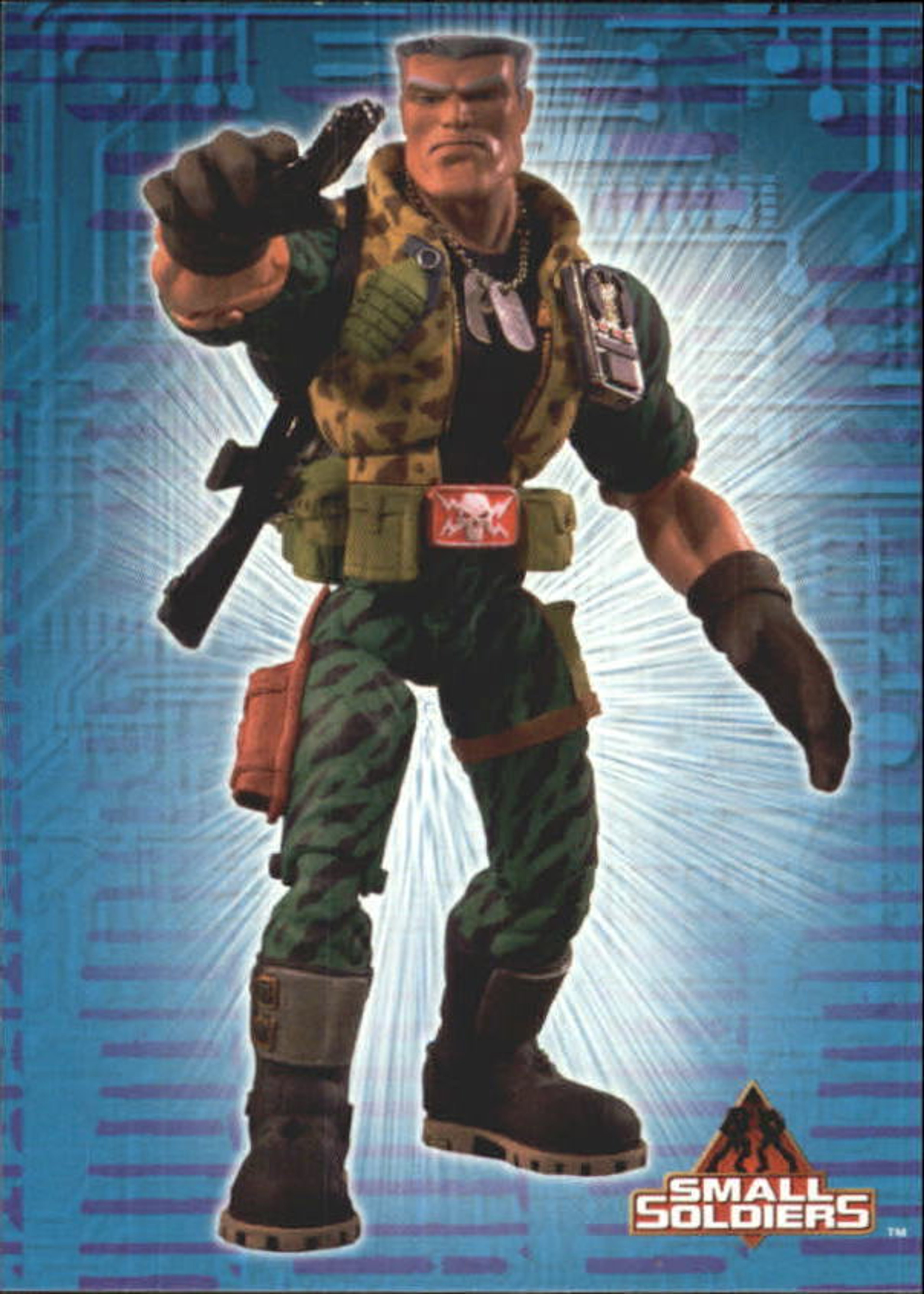 A military action figure in camouflage fatigues and tactical gear, holding weapons.