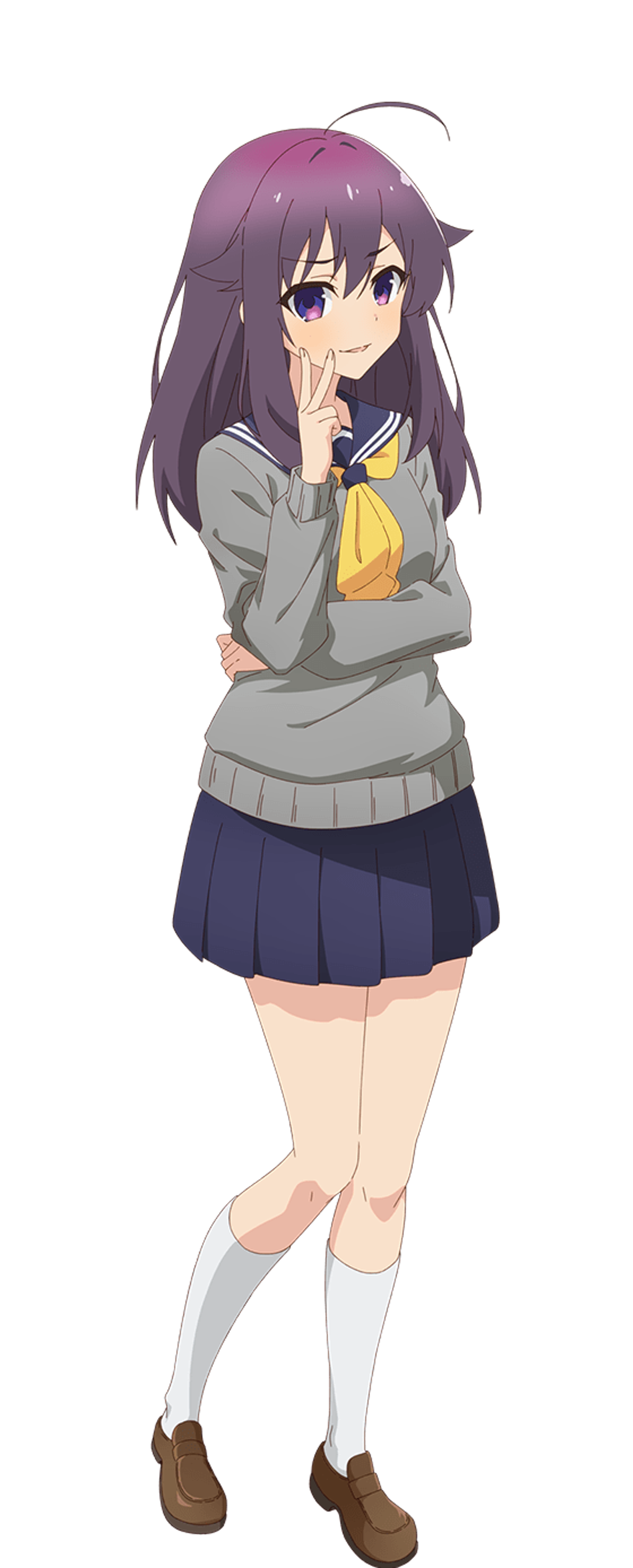 An anime-style character with long purple hair in a ponytail, wearing a gray sweater and navy blue skirt.
