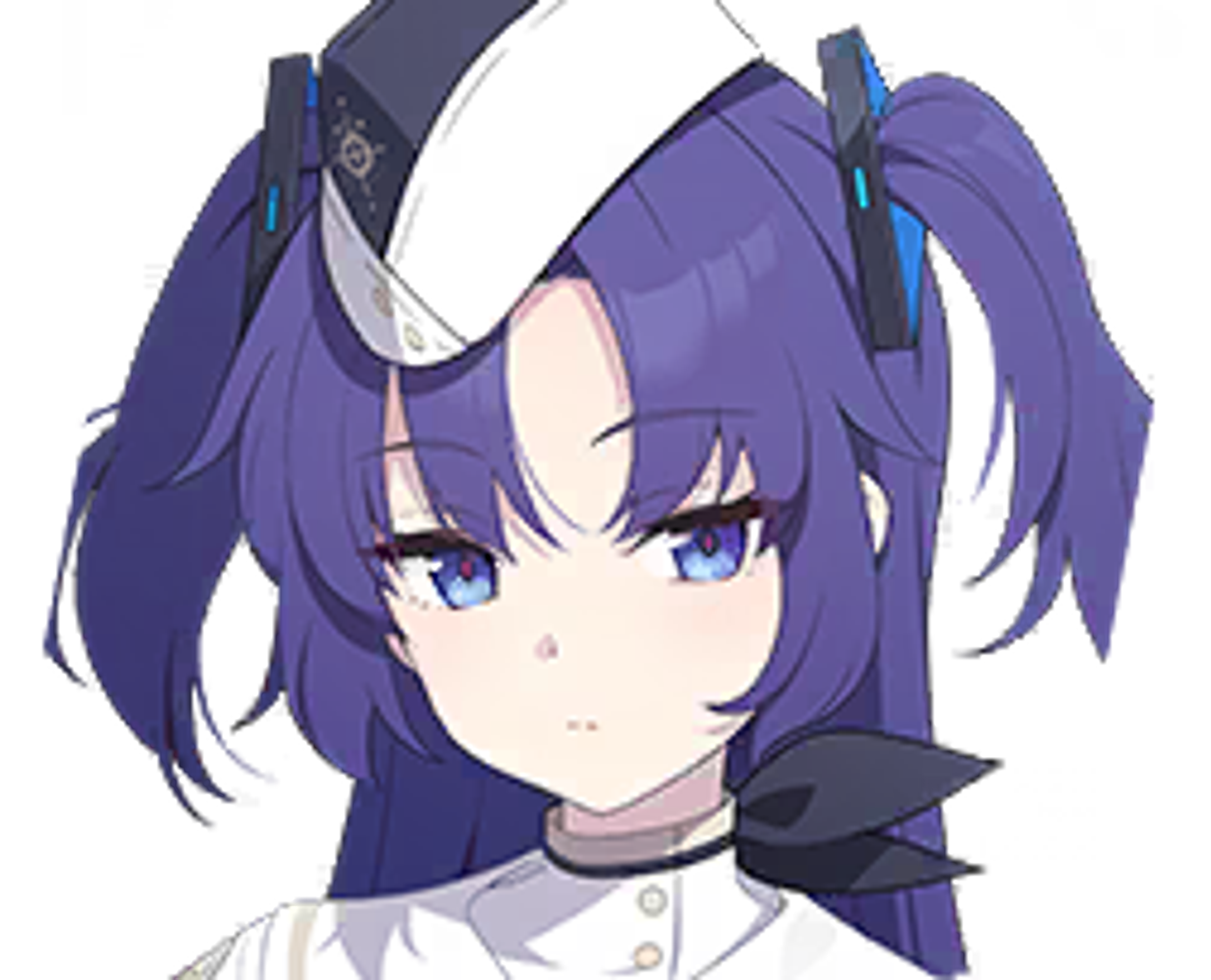 An anime-style character with purple hair in twin tails, wearing a white uniform with a black collar and cuffs, and a purple bow tie.