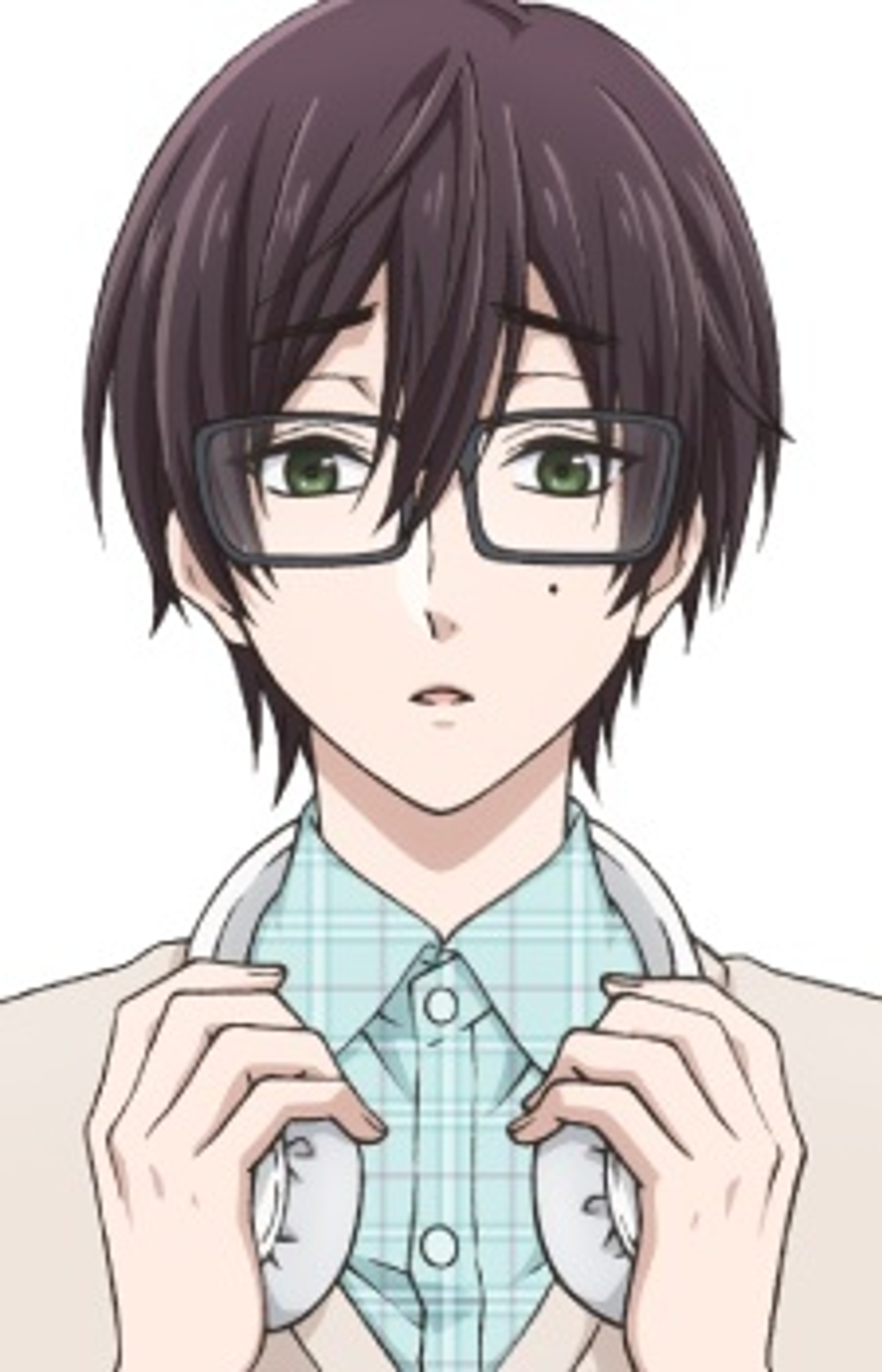 An anime-style illustration of a young person with short dark hair and glasses, wearing a light blue plaid shirt and looking down.