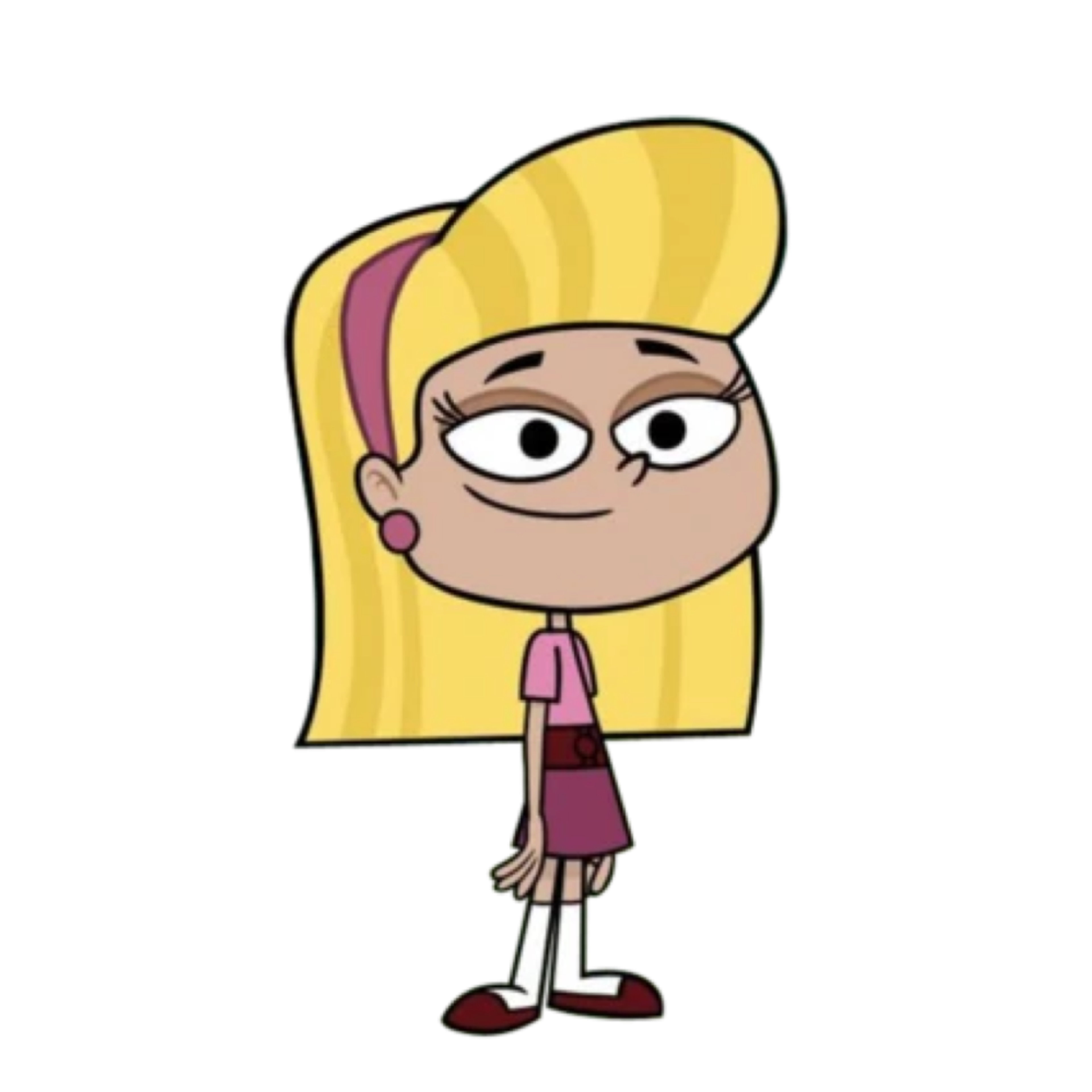 An animated character with a yellow hat, pink shirt, and blue shorts, with a confident, smug expression.