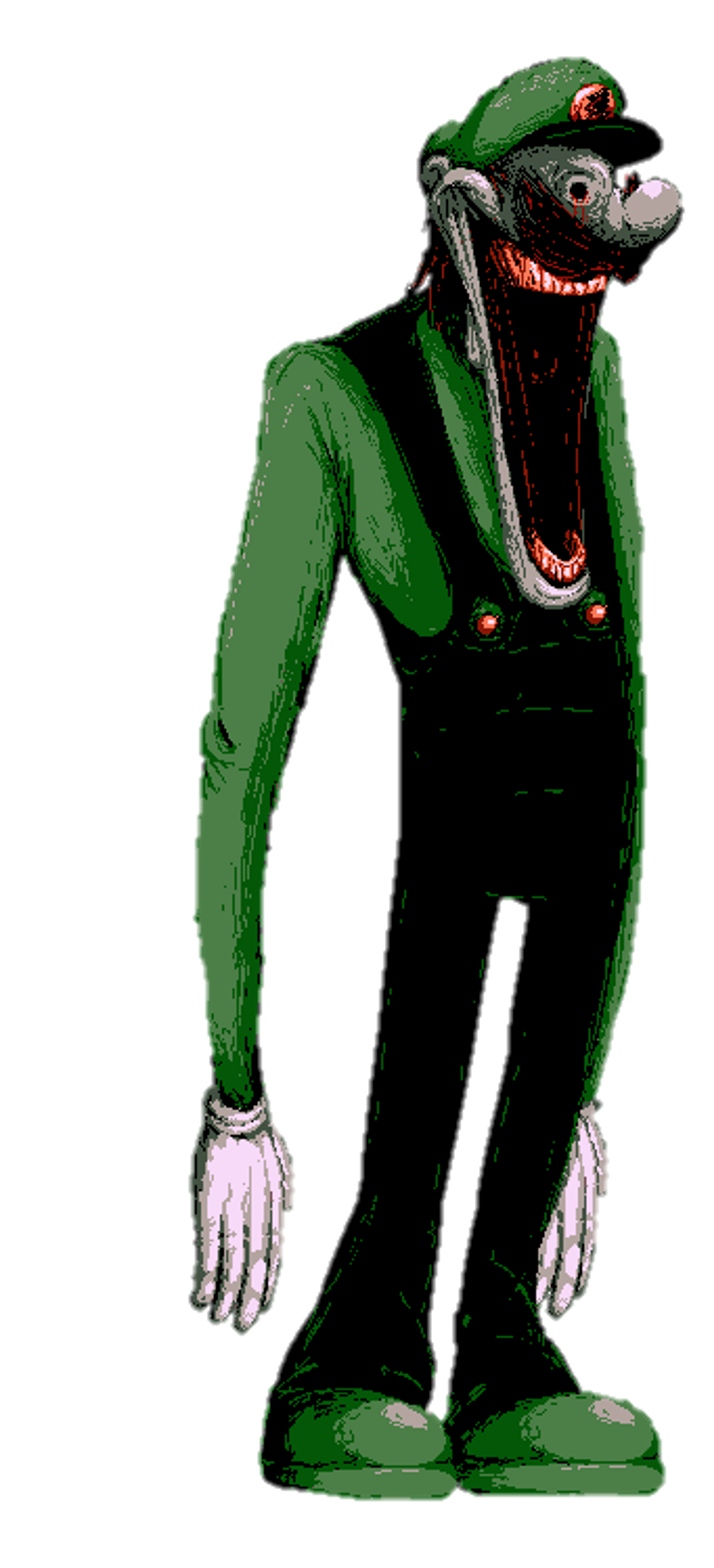 A green, monstrous-looking humanoid character with an 'L' hat, grinning widely