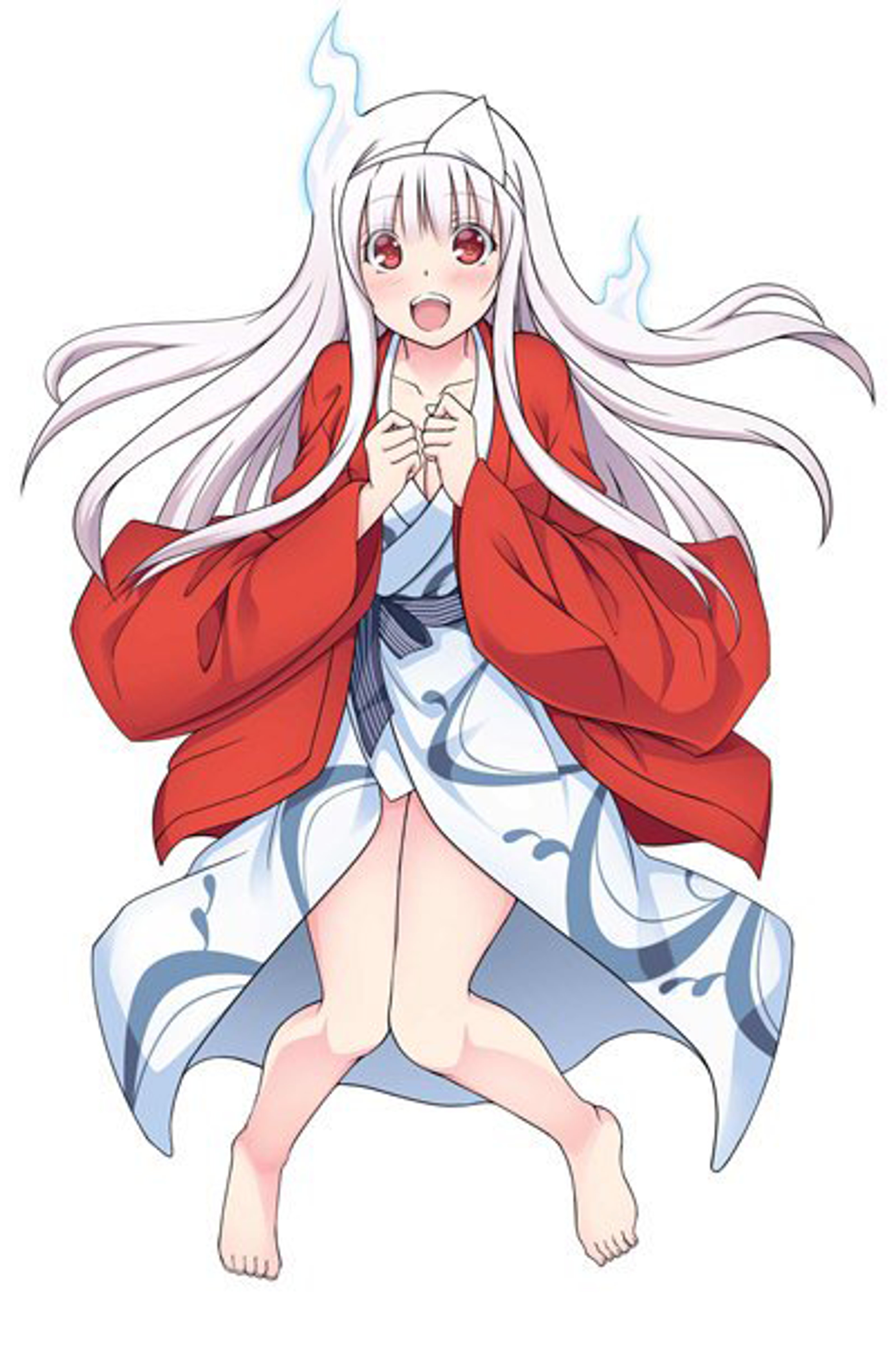 A young woman with white hair and red eyes wearing a red robe