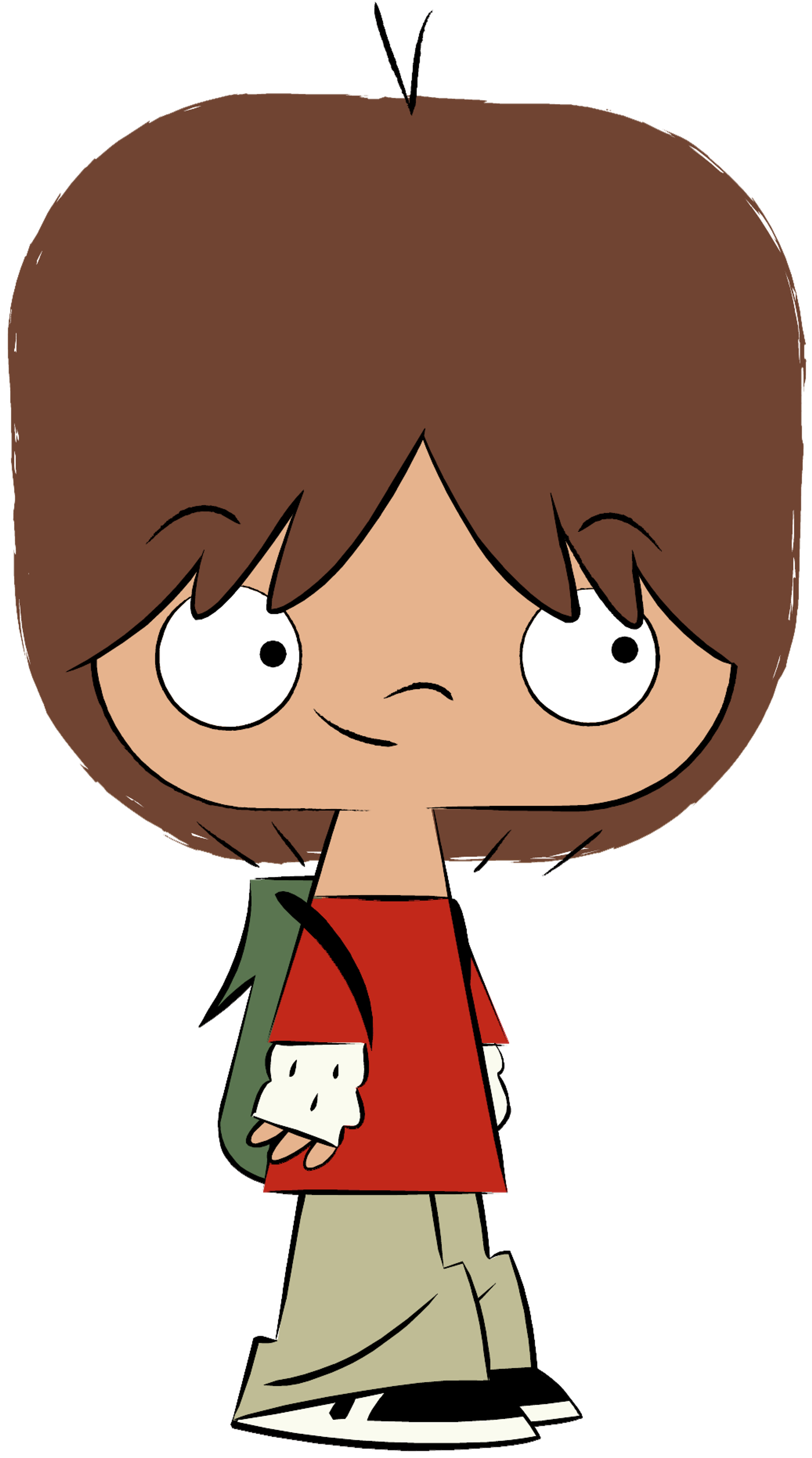 An animated cartoon character of a young boy with brown hair and large eyes, wearing a red shirt and green pants.