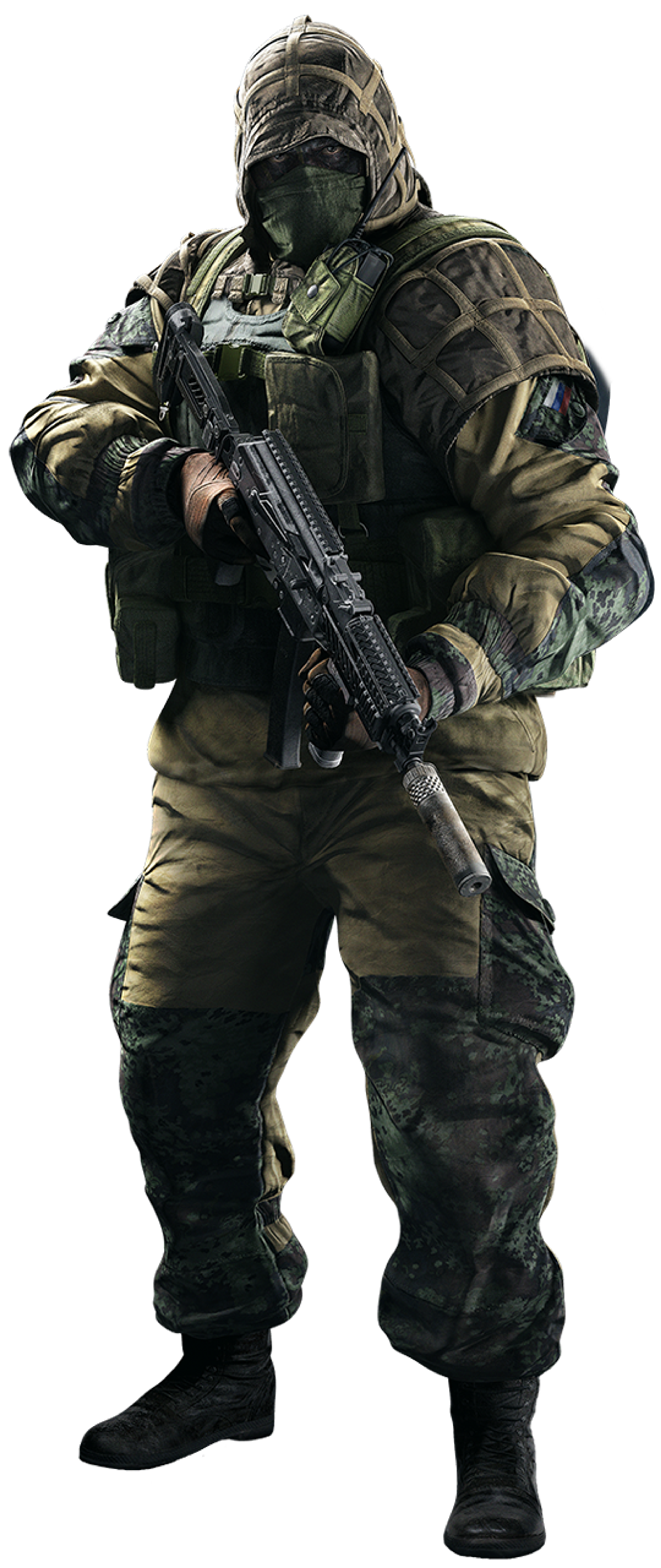 A heavily armed and armored military soldier in combat gear, holding an assault rifle.