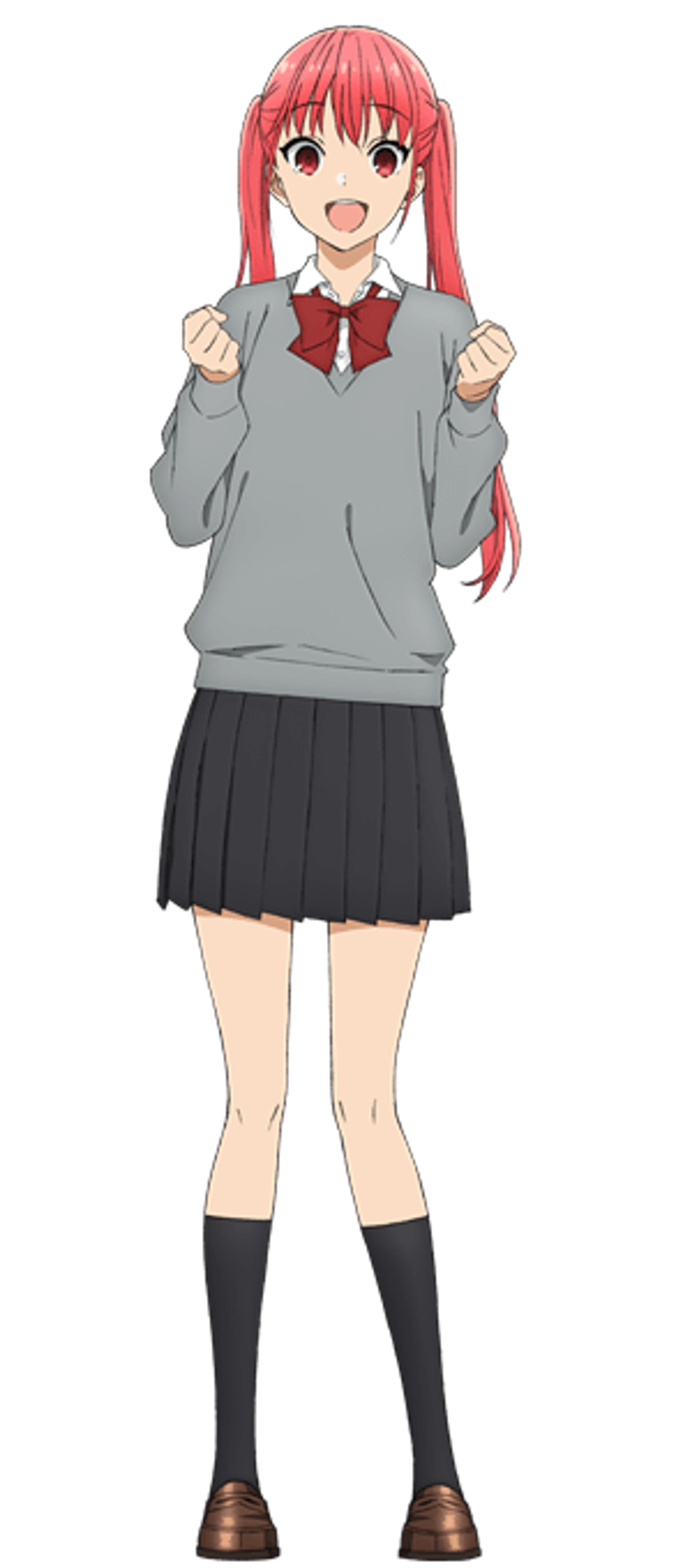 An anime-style girl with pink hair in twin tails wearing a school uniform