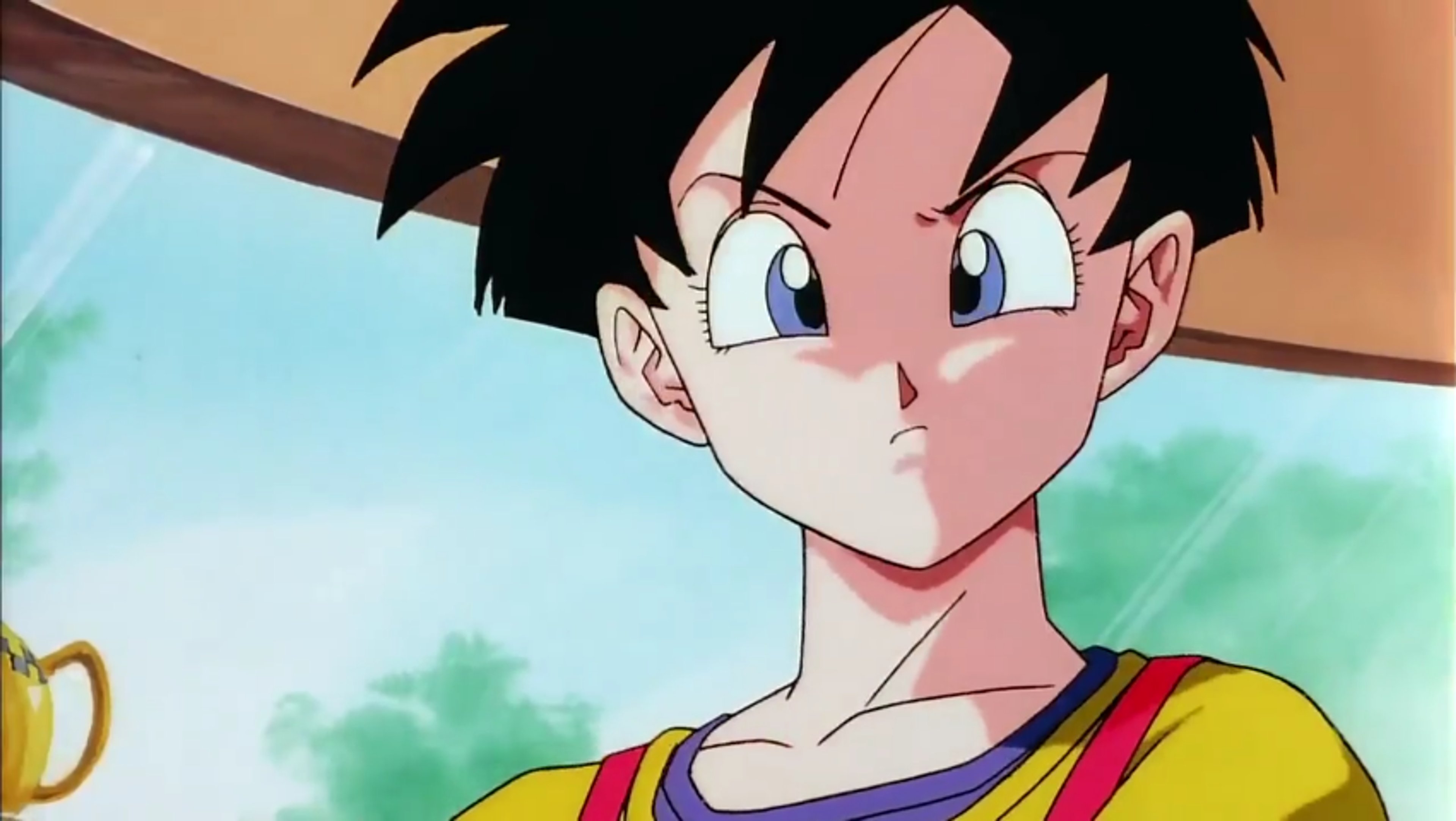 An anime-style character named Videl with short black hair and blue eyes, wearing a yellow shirt and red pants.
