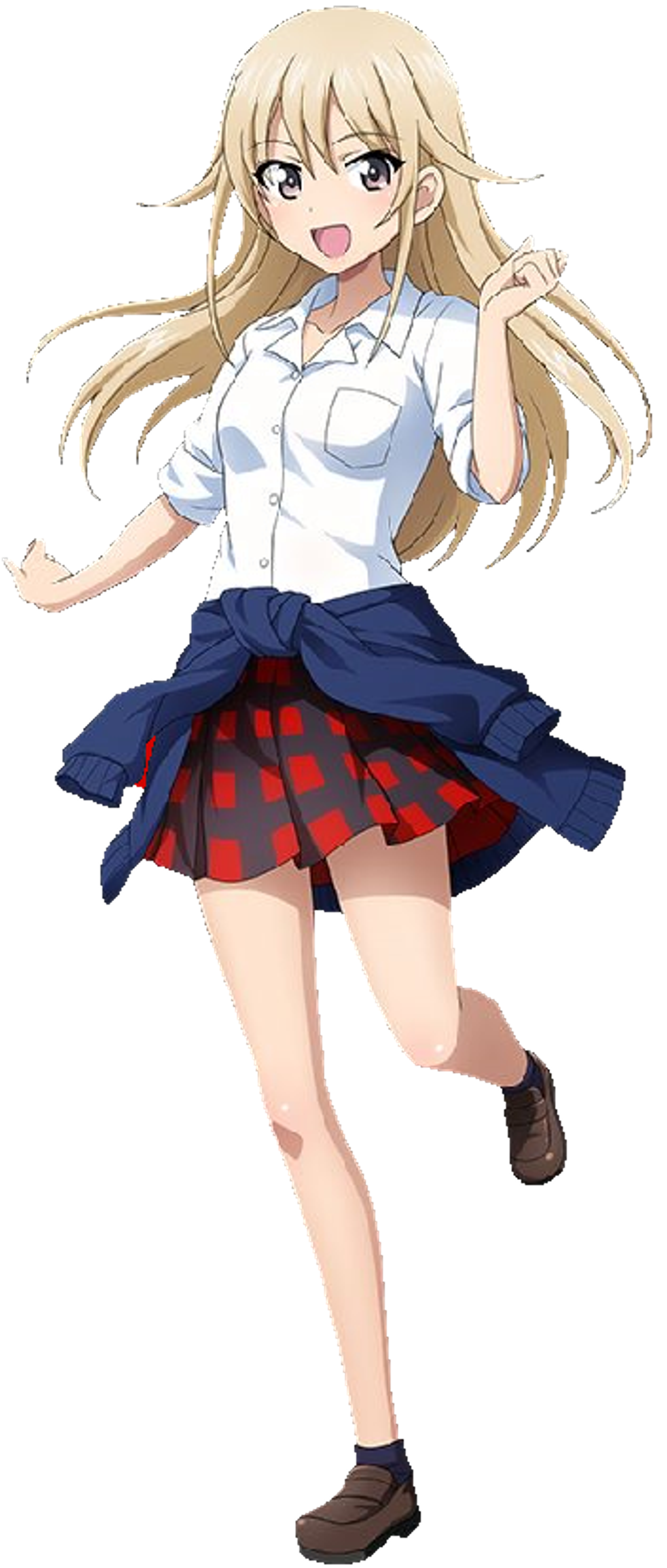 An anime-style character with long blonde hair and blue eyes wearing a school uniform.