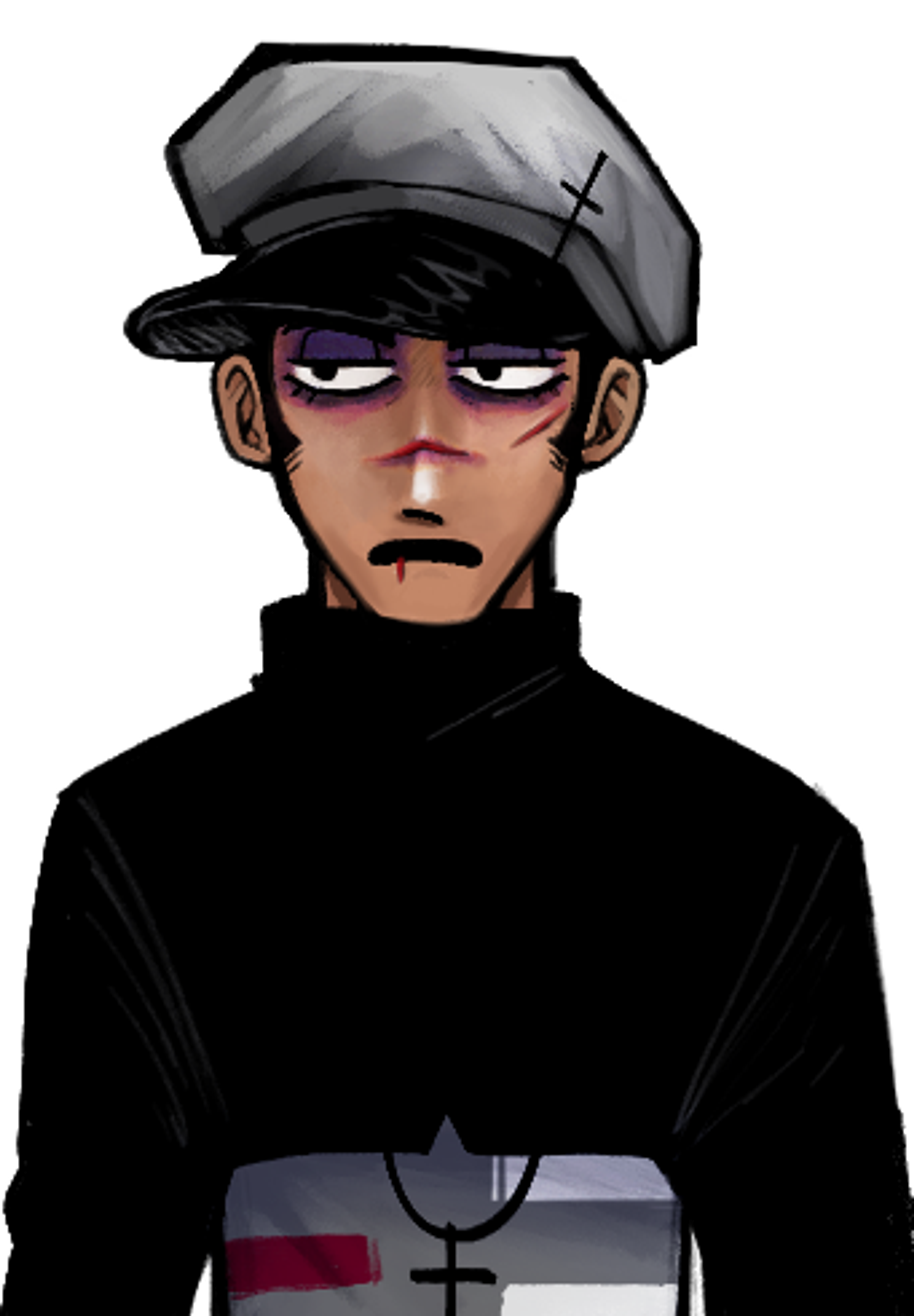 A young man with lavender eyes wearing a newsboy cap, turtleneck, and cross necklace