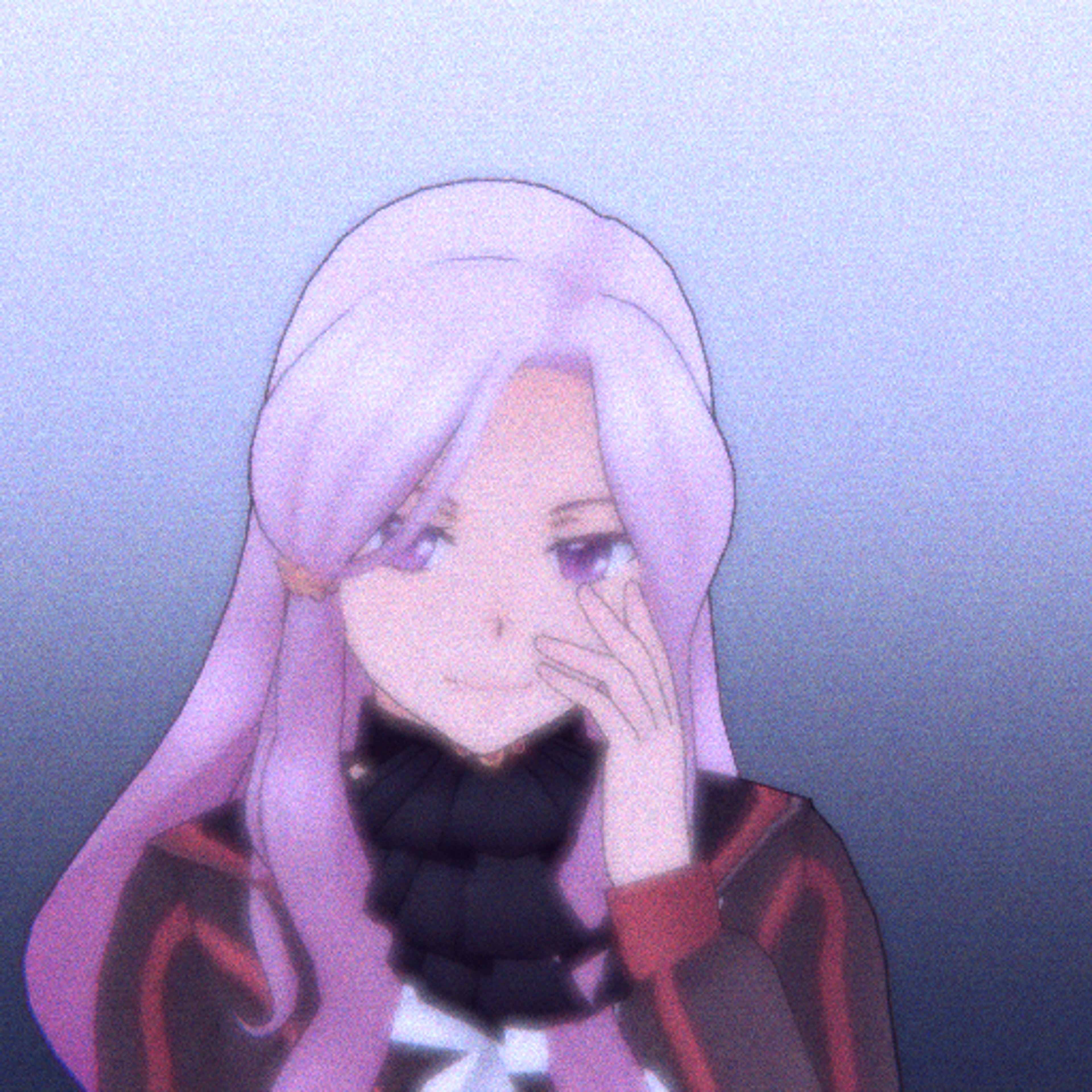 An anime-style character with pink and white hair wearing a school uniform