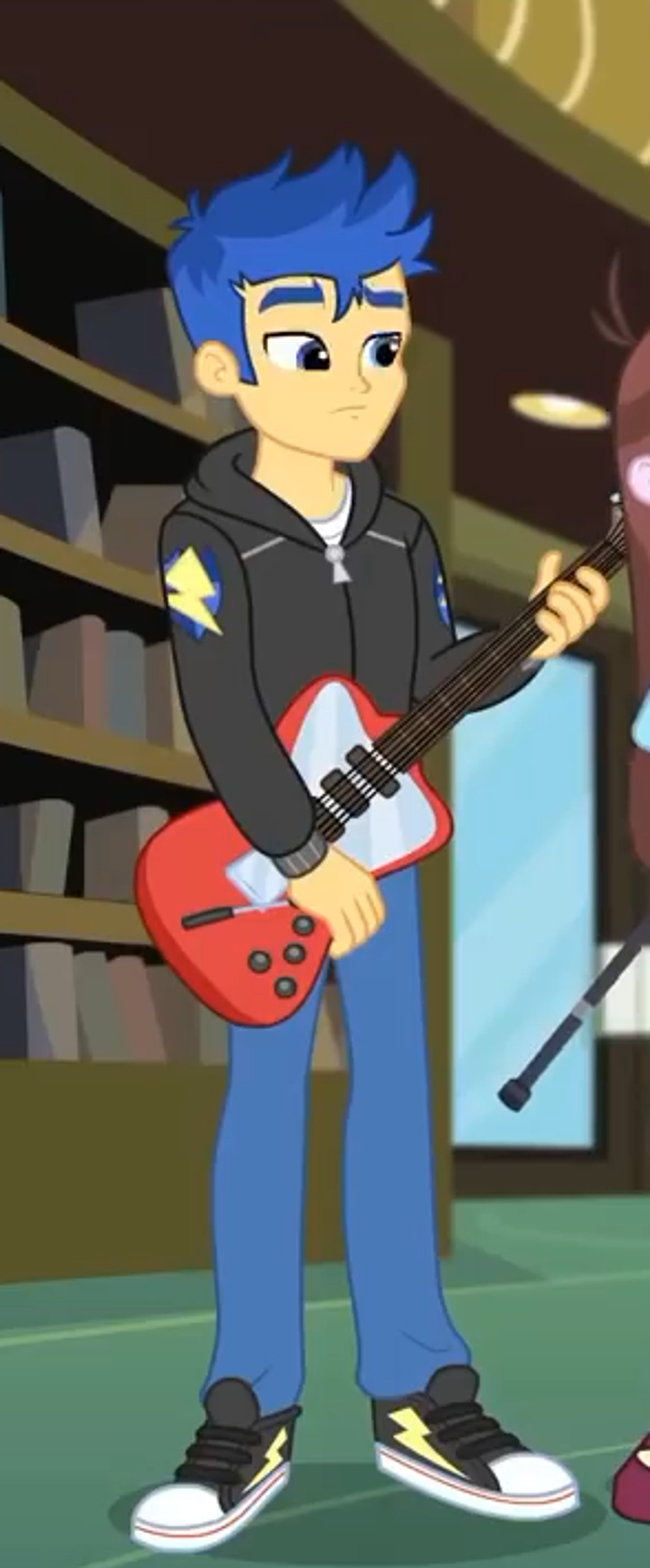 A young male character with blue hair and a muscular build holding a red electric guitar in a school setting.