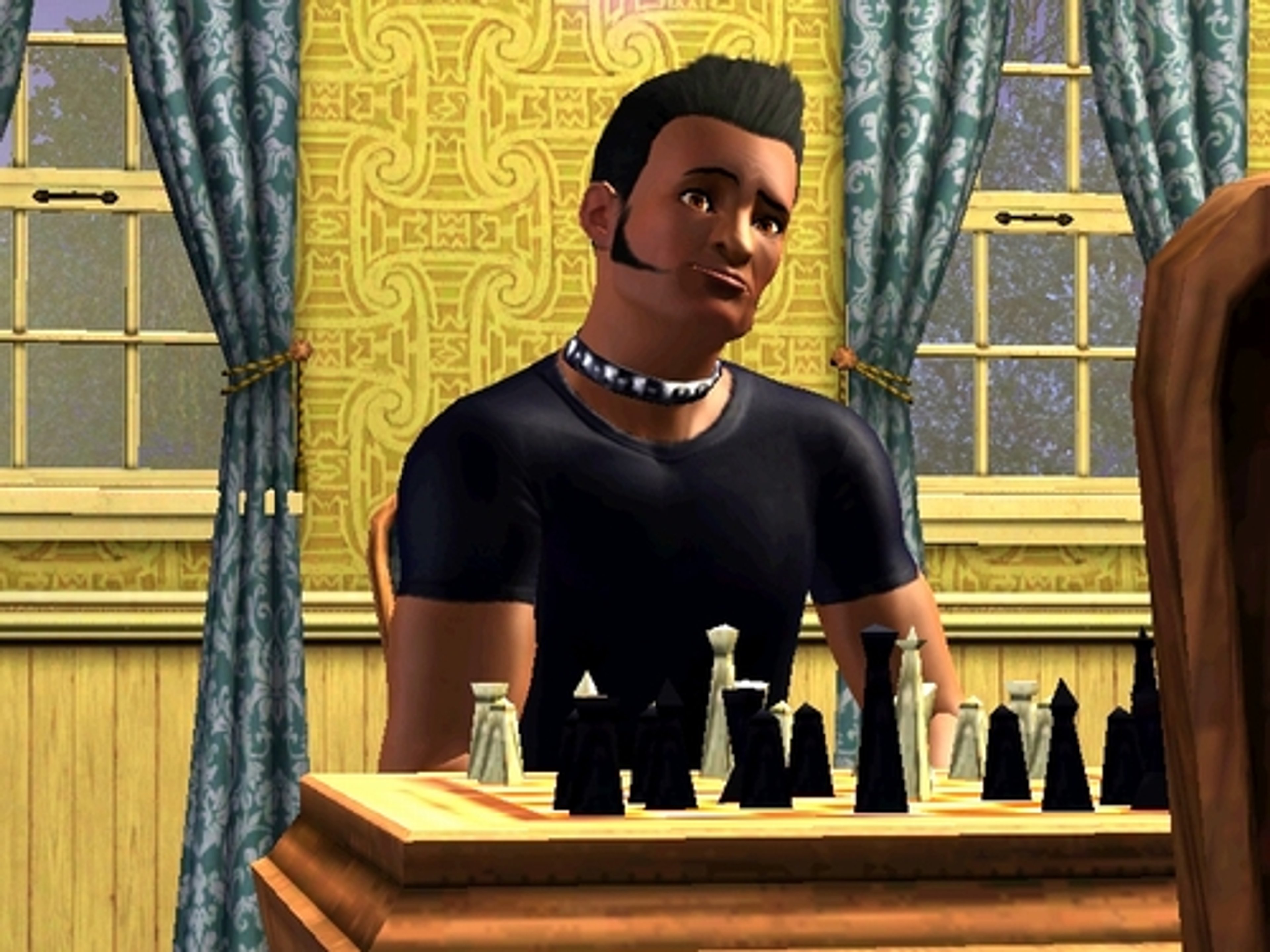 A young adult male character with dark skin and short dark hair standing behind a table with scientific equipment.
