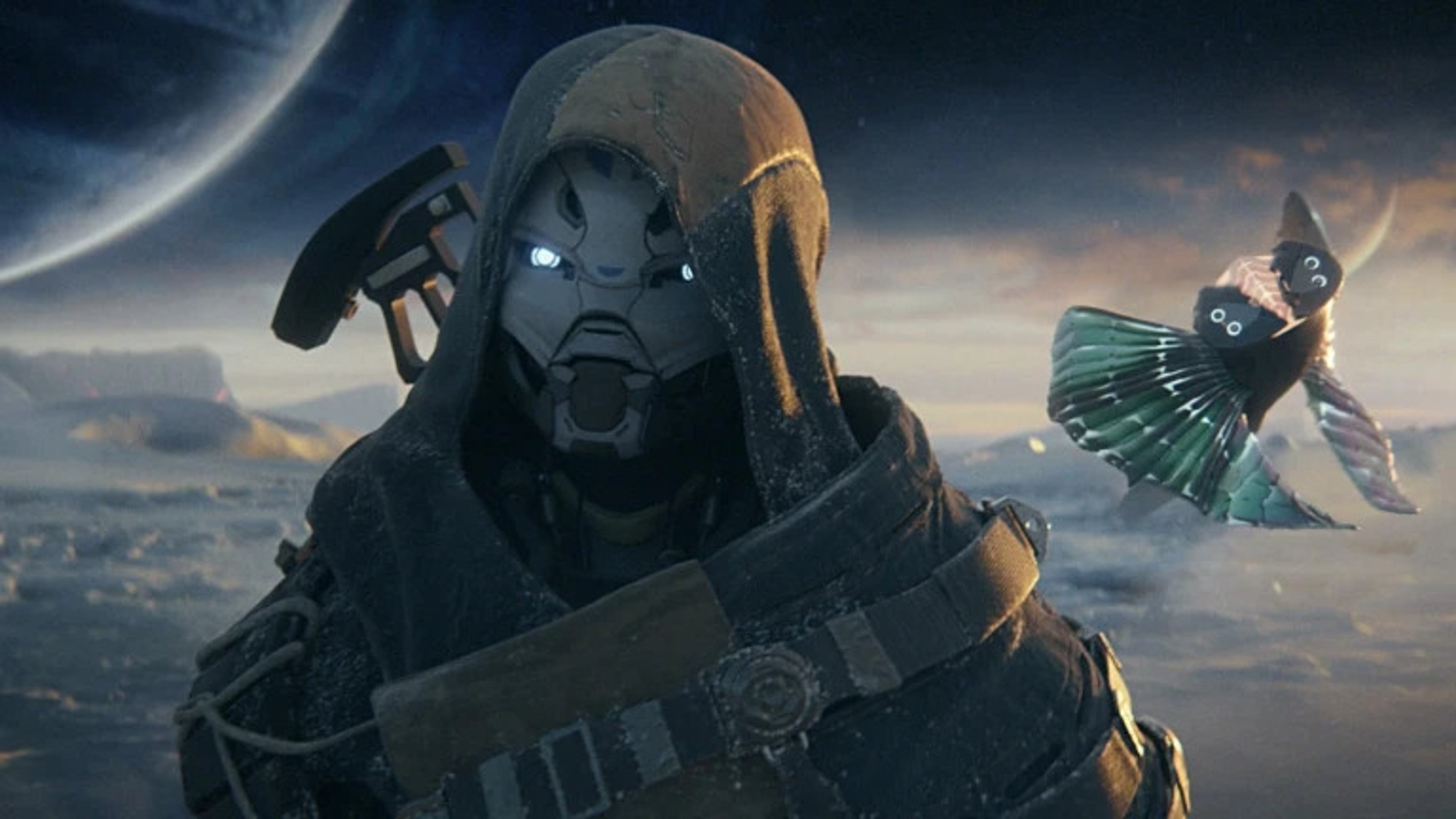 An Exo character from the Destiny video game universe, holding a weapon and standing in a futuristic, sci-fi landscape.