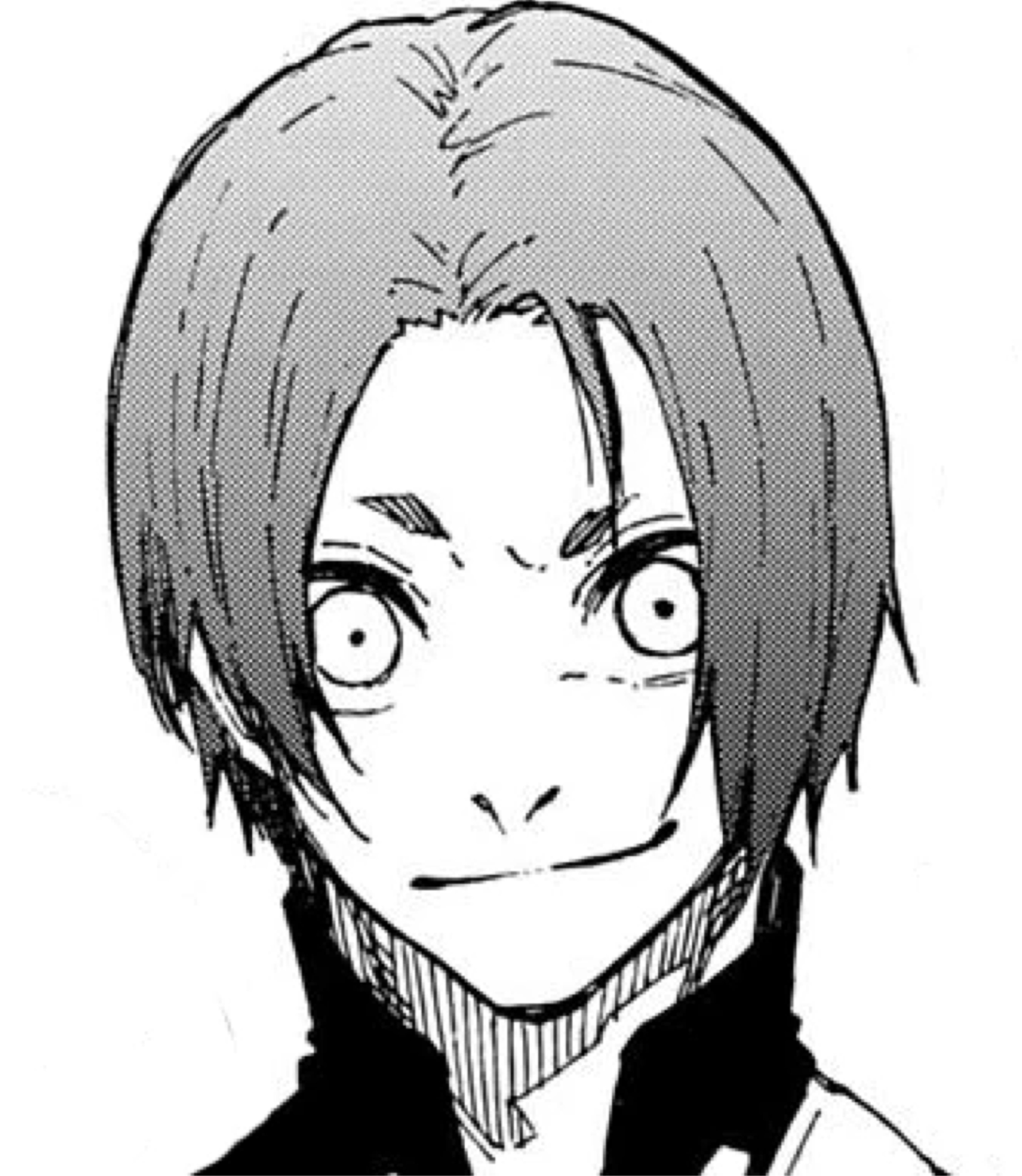 A young man with purple hair and eyes, wearing a dark shirt or jacket.