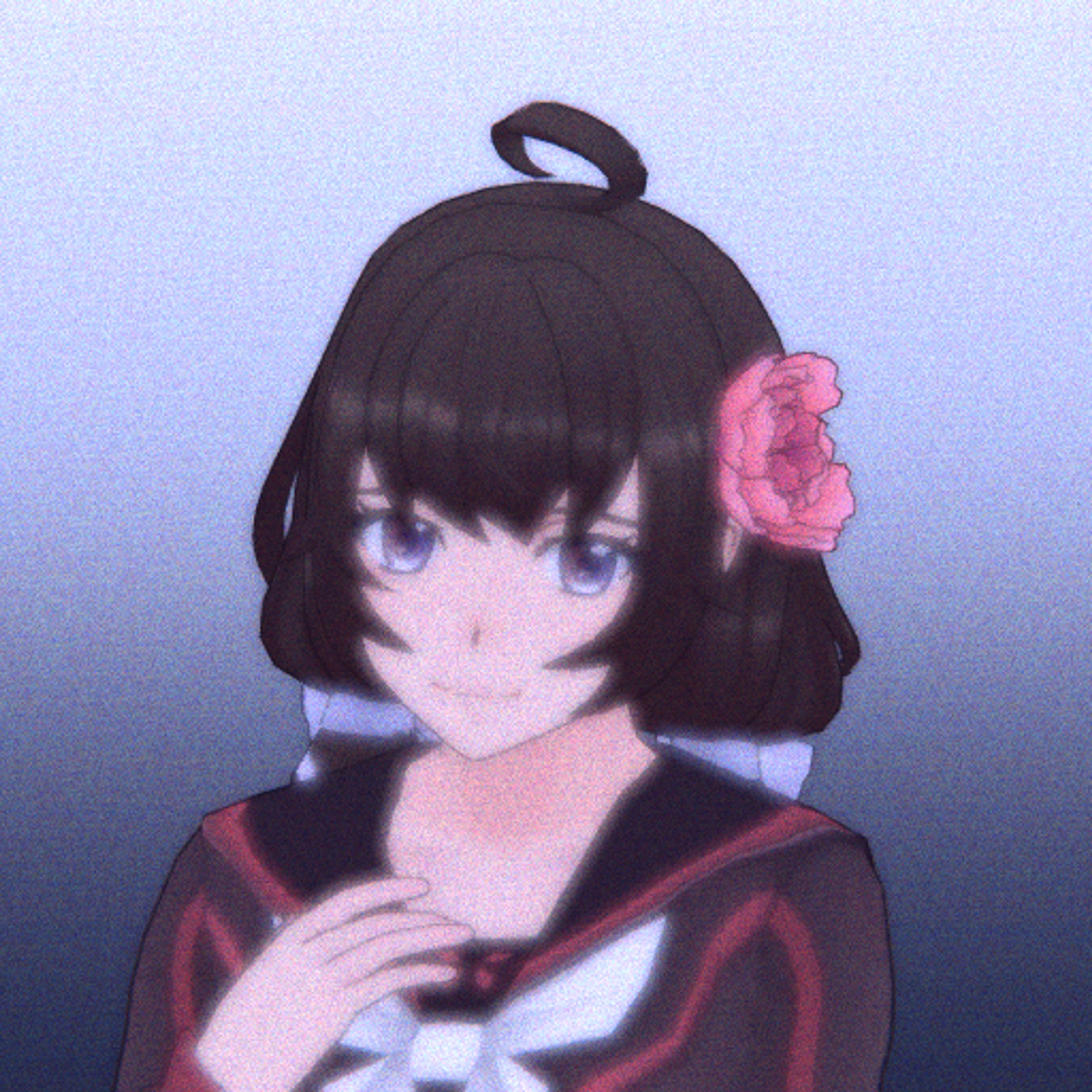 An anime-style character with dark brown braided hair and distinctive eyes, wearing a red and white school uniform.