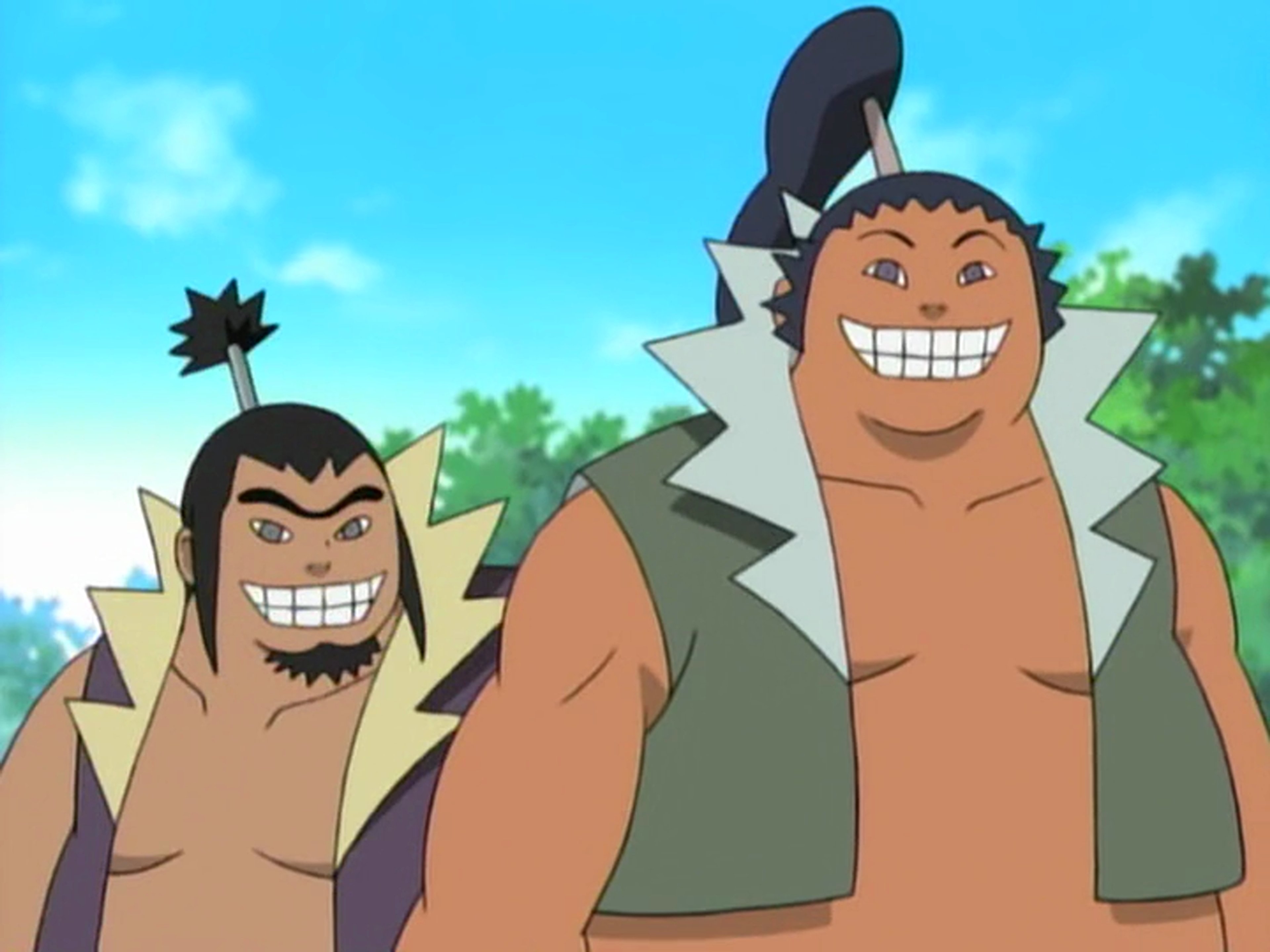 Two muscular, shirtless male cartoon characters with exaggerated features and expressions