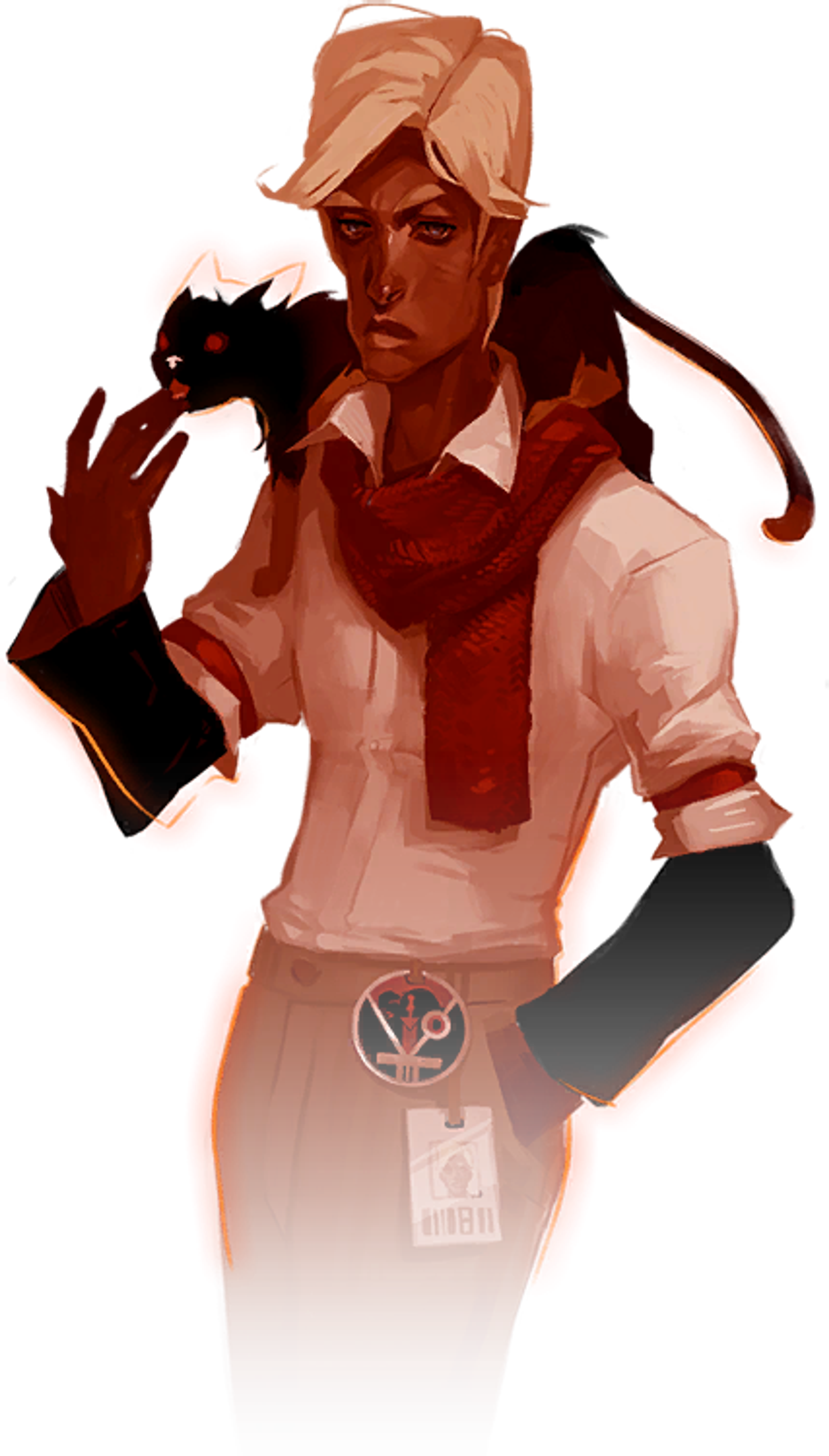 A young man with short hair wearing a white shirt and red scarf or tie, with a badge or tag on his shirt, against a dark and moody background.