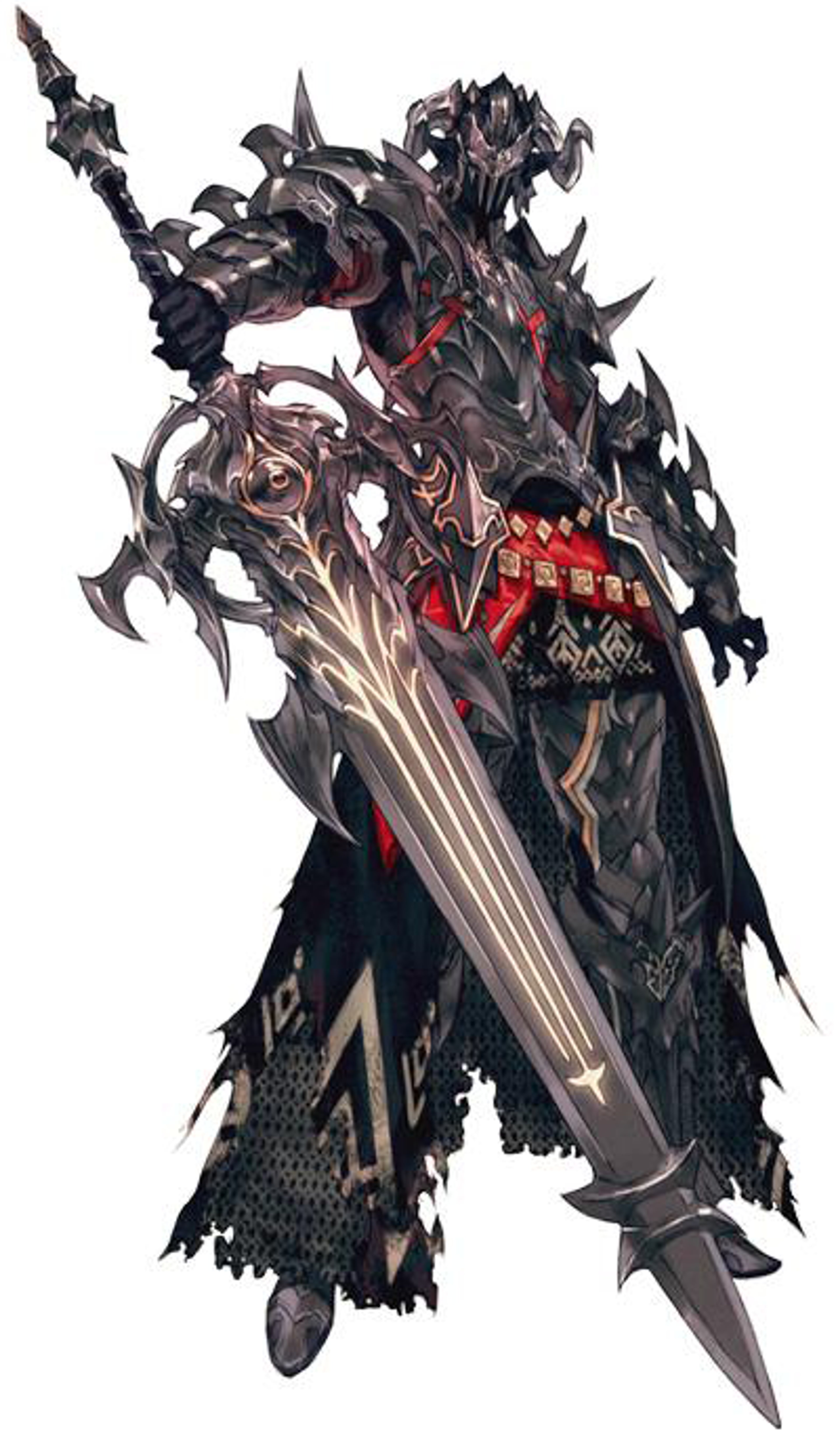 A dark, heavily armored warrior wielding a massive greatsword