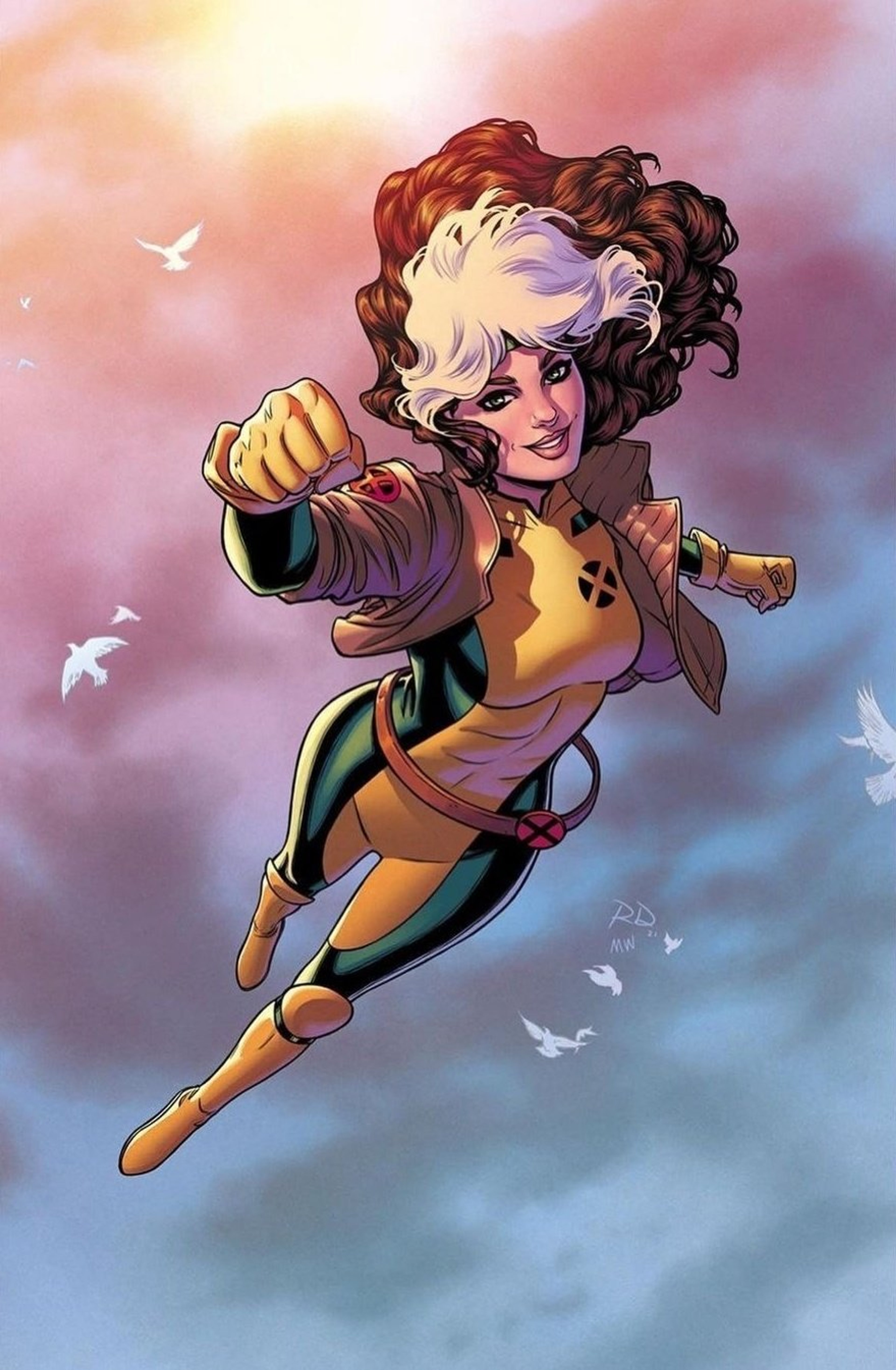 A woman with a white streak in her hair wearing a yellow and green superhero costume in an action pose.