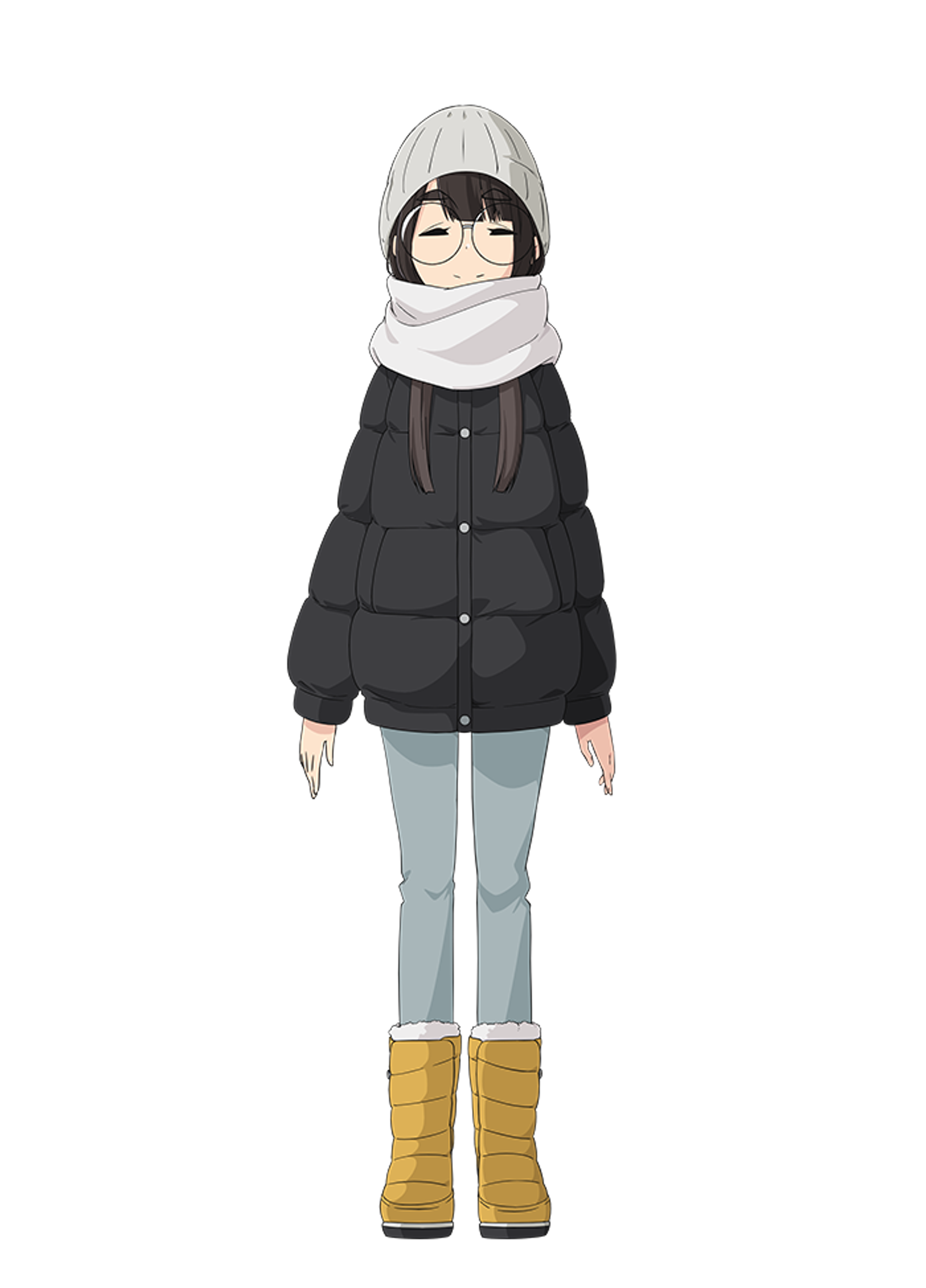 A young woman with medium-length brown hair wearing a black puffy jacket, a white scarf, and yellow boots.