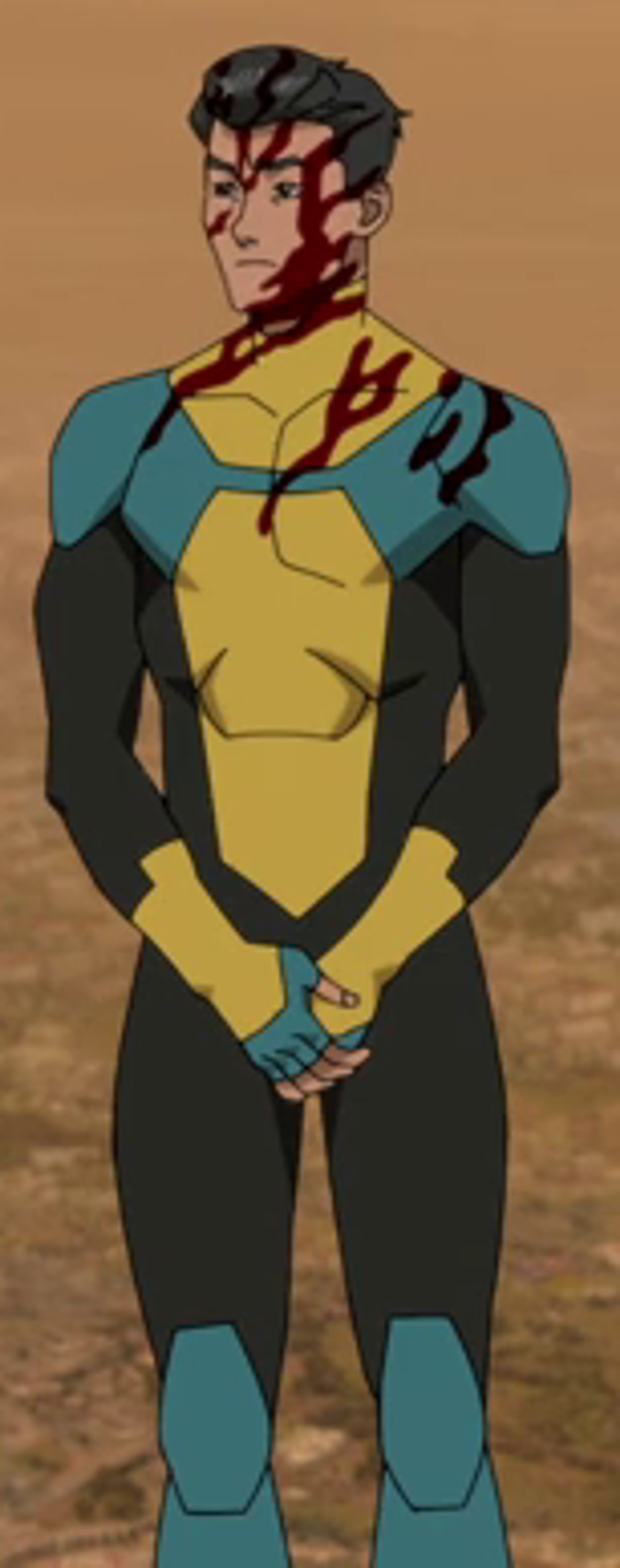 A male superhero character with a distinctive costume and a serious, melancholic expression