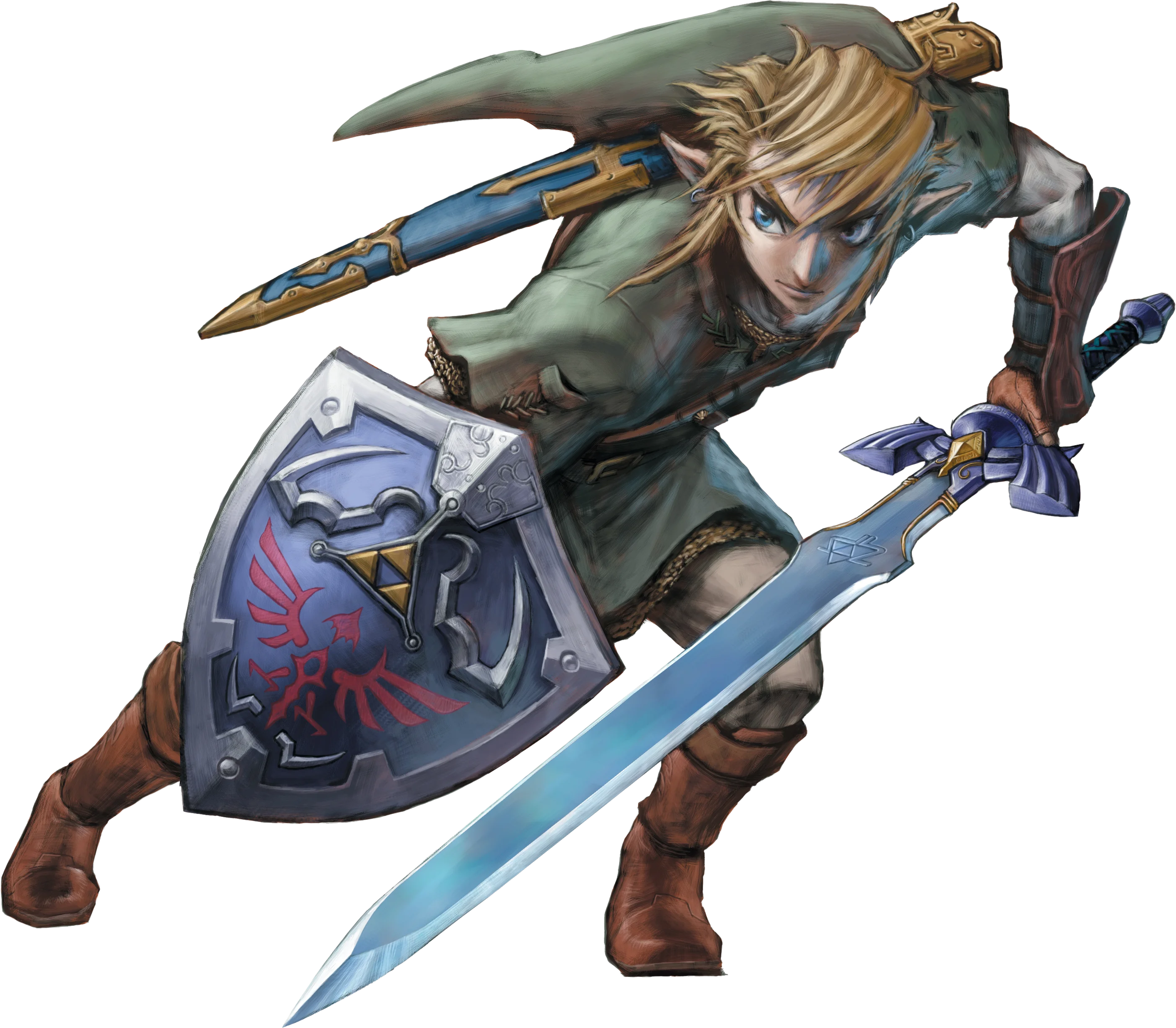 A young man in a green tunic and cap wielding a sword and shield