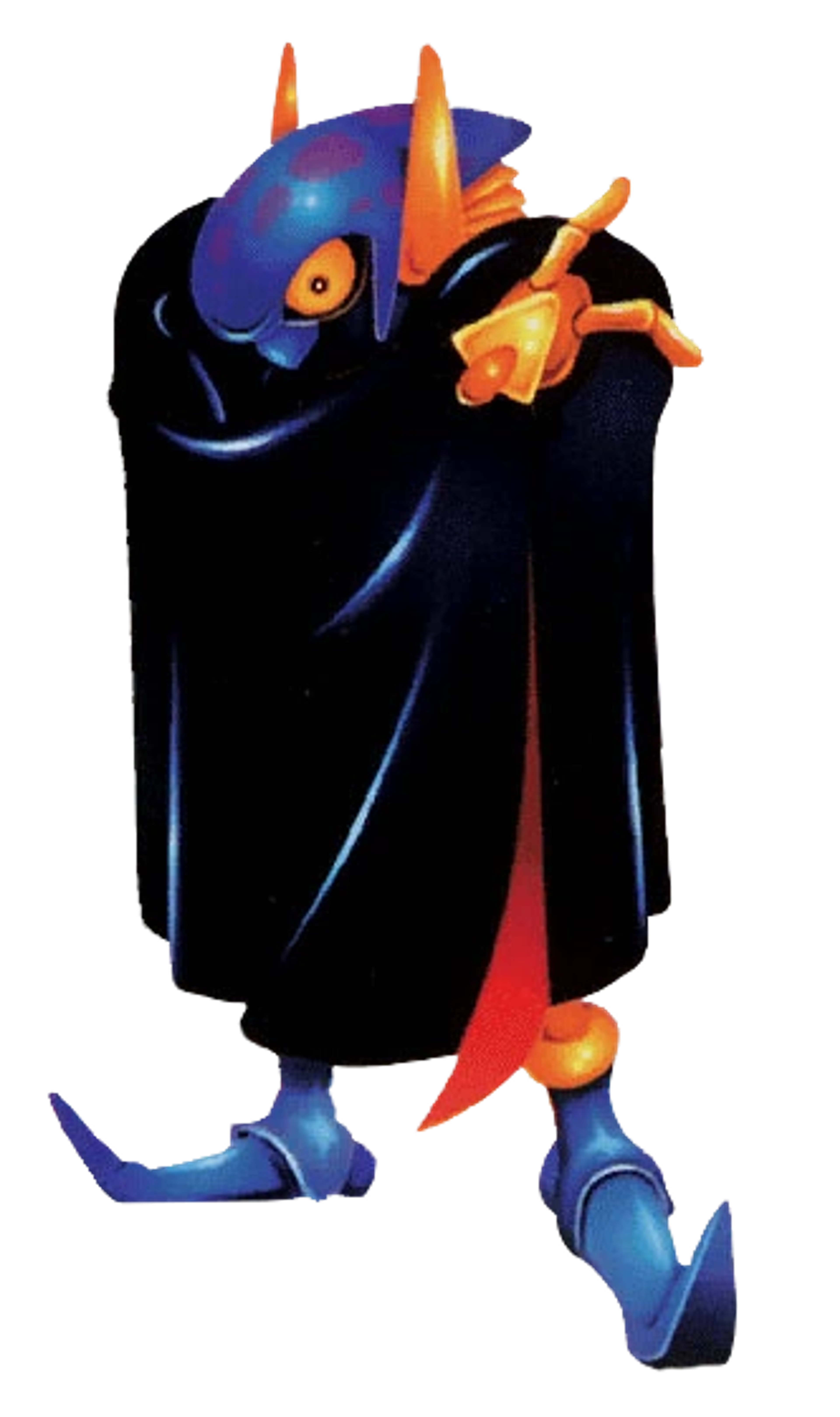 A large, blue-skinned alien creature with an elongated head and menacing features, wearing a dark robe.