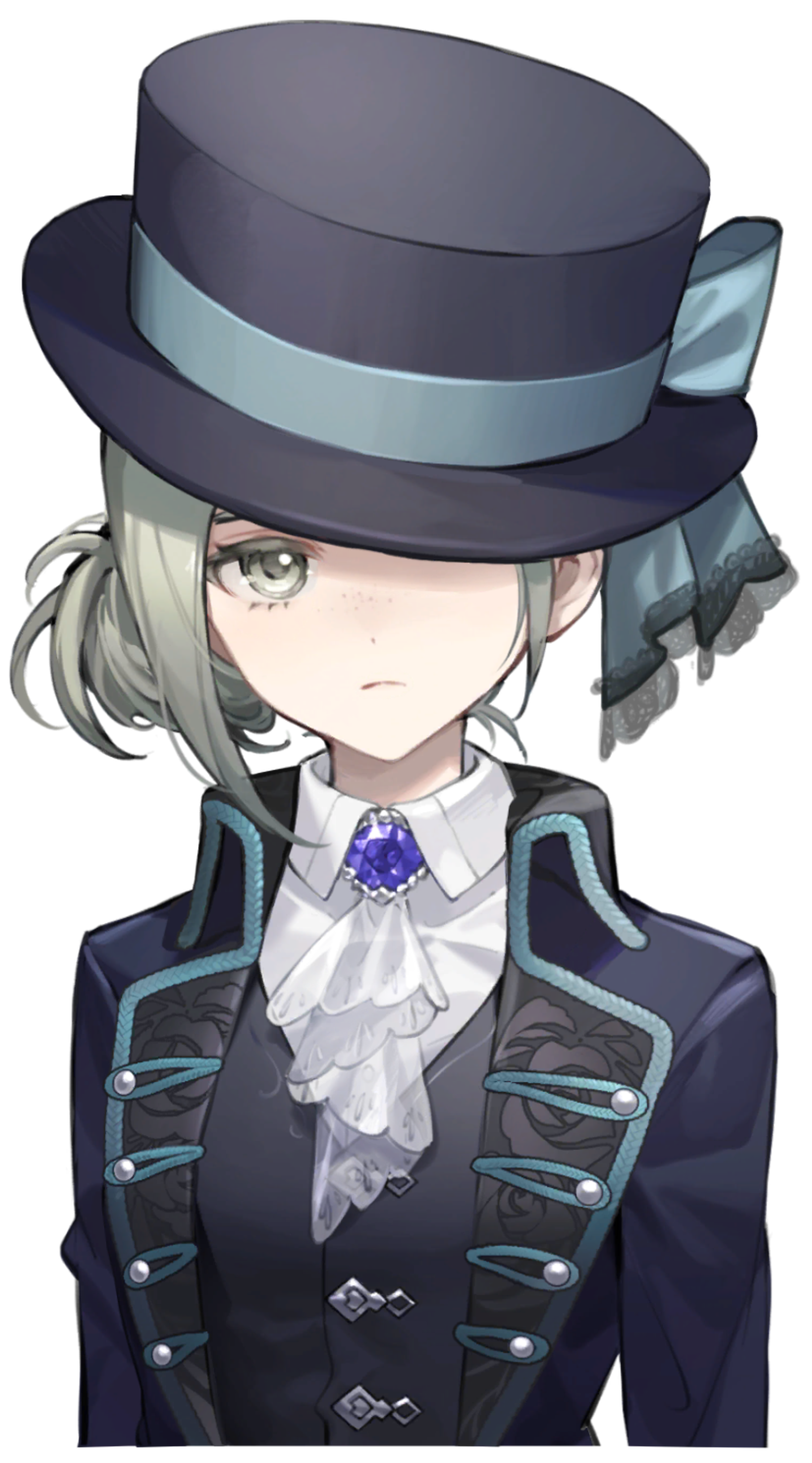 An androgynous character with grey-green hair wearing a black outfit with white ruffles and a top hat.