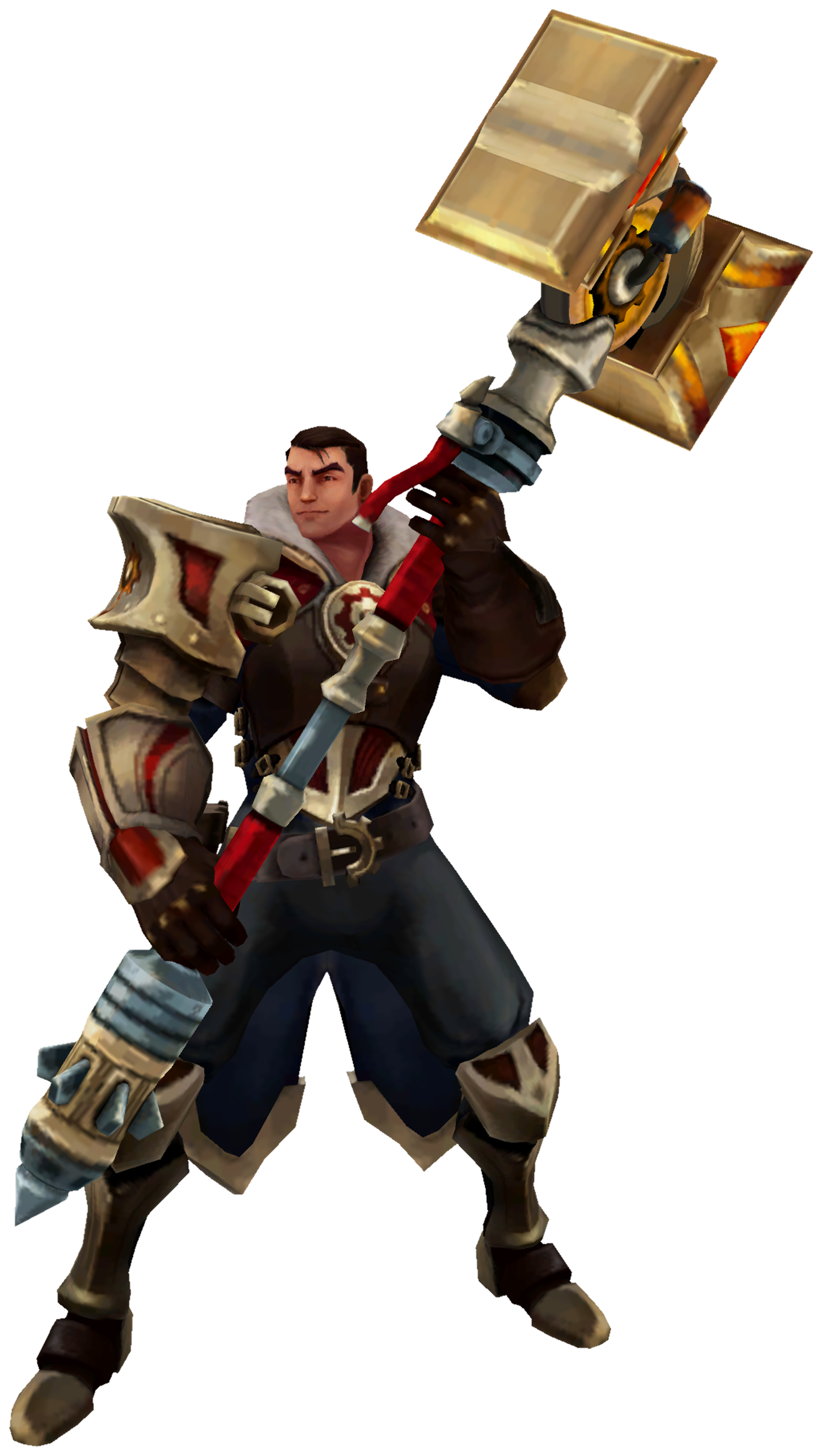 A male character in a heroic pose, wielding a transforming hammer/cannon weapon.