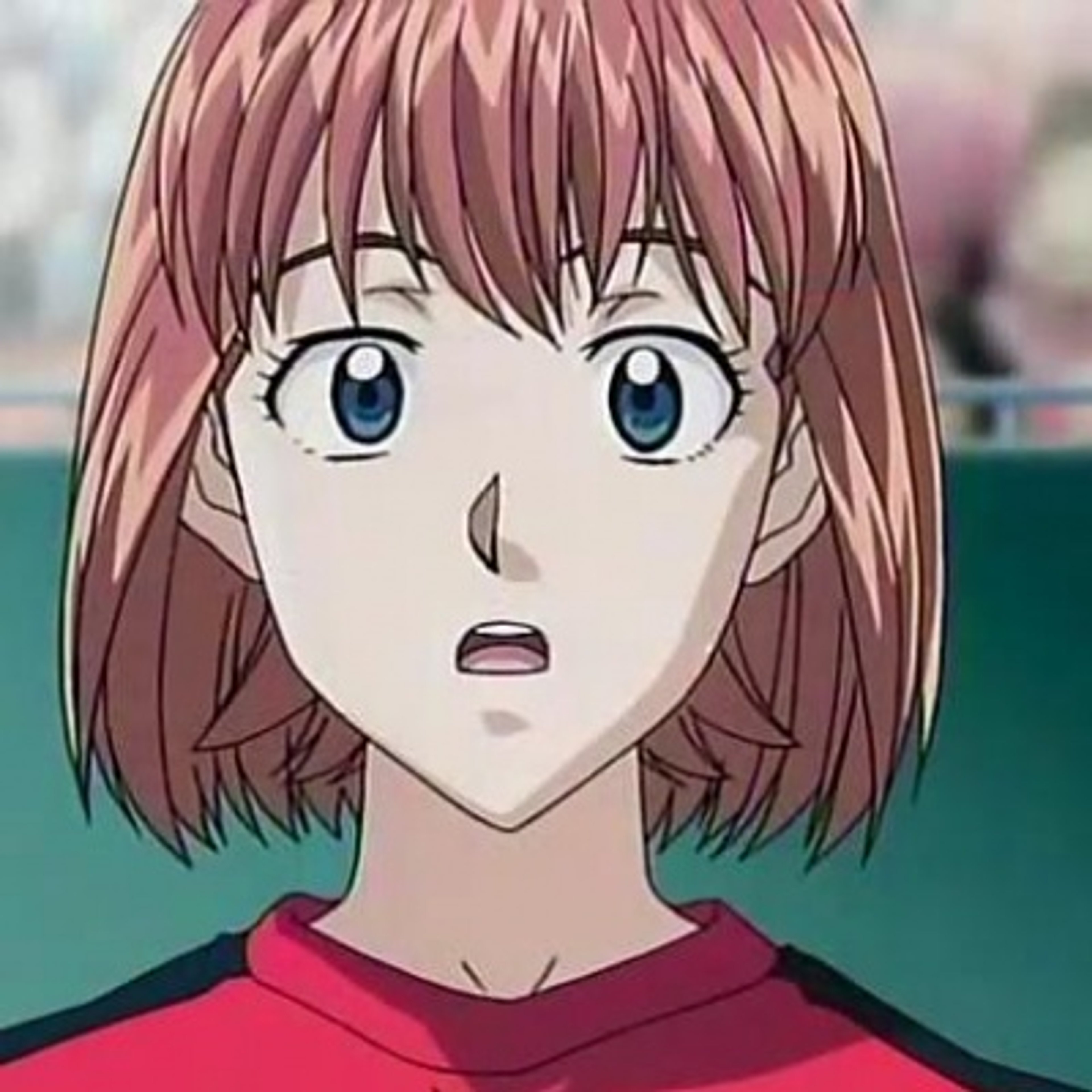 An anime-style character with pink hair and blue eyes wearing a red shirt