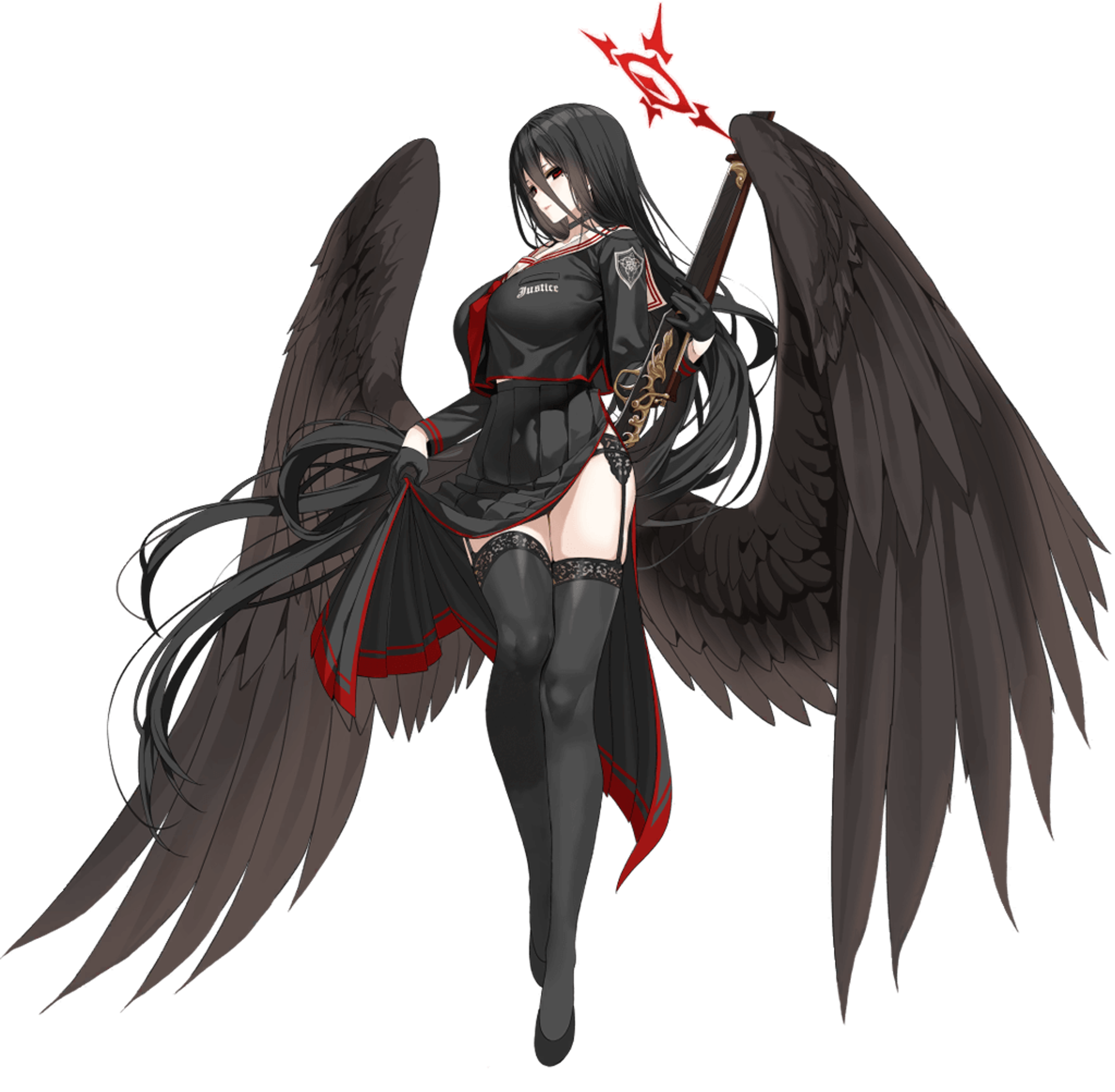 A dark-winged female character holding a sniper rifle