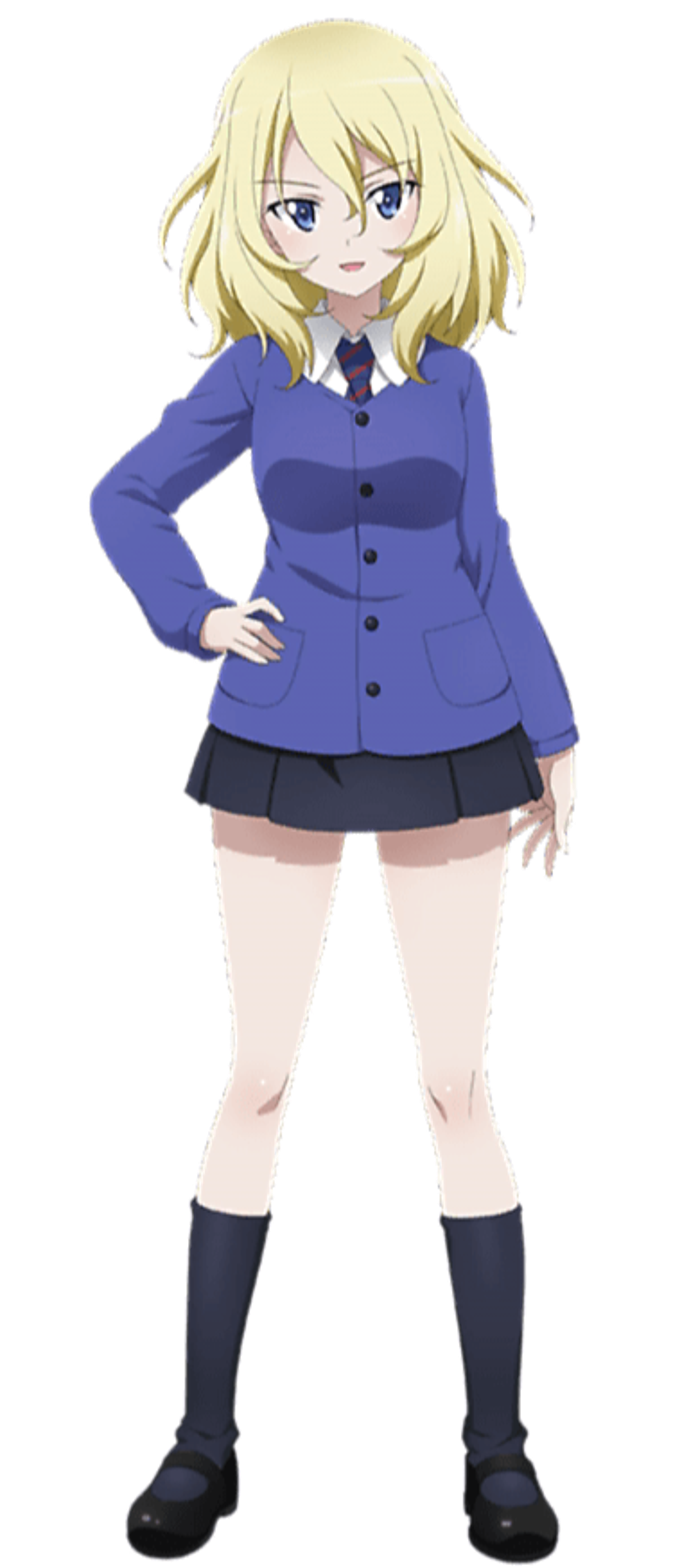 An anime-style character with messy blonde hair and blue eyes, wearing a blue school uniform with a skirt.