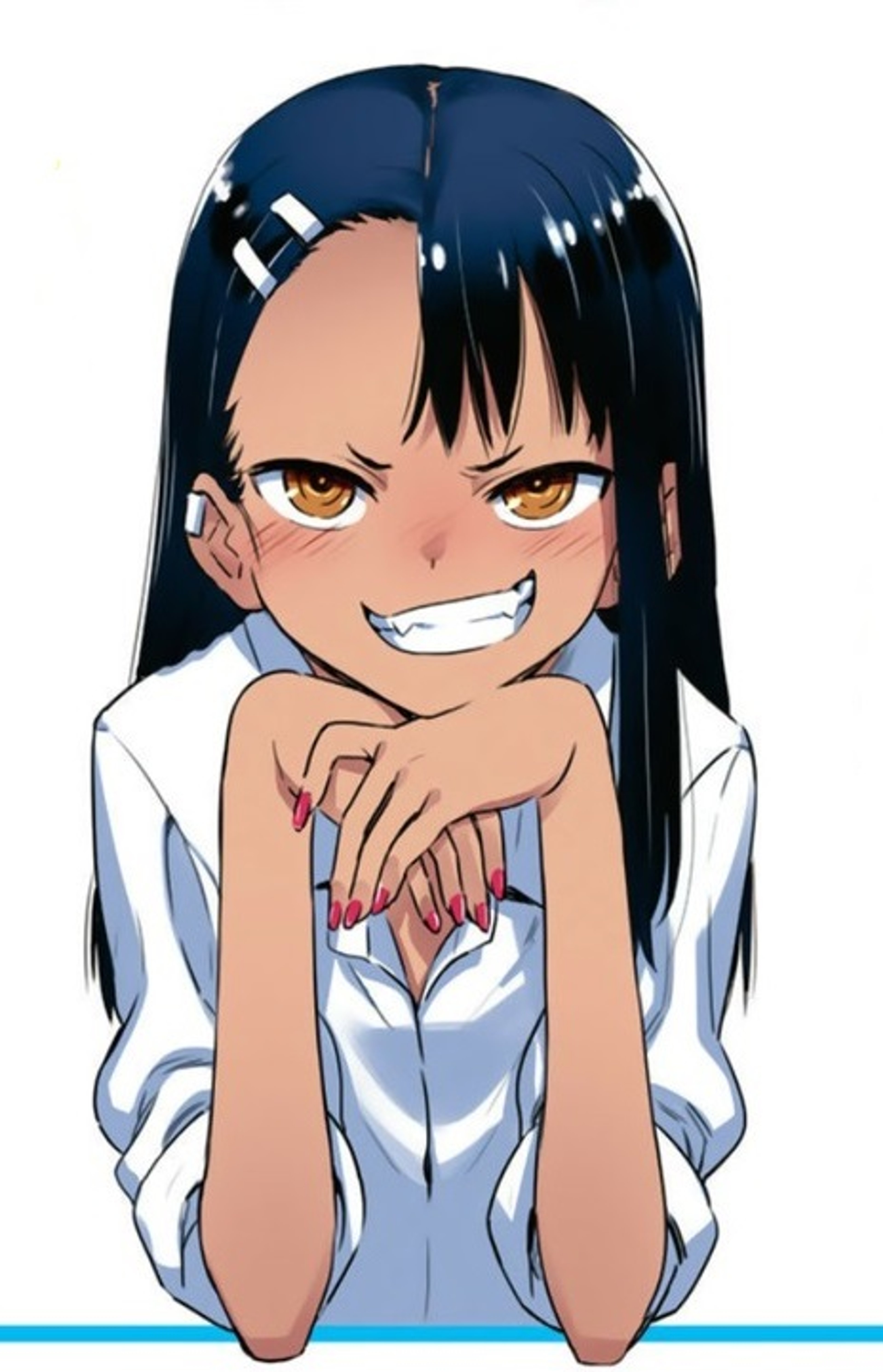 An anime-style character with long dark hair and a mischievous expression